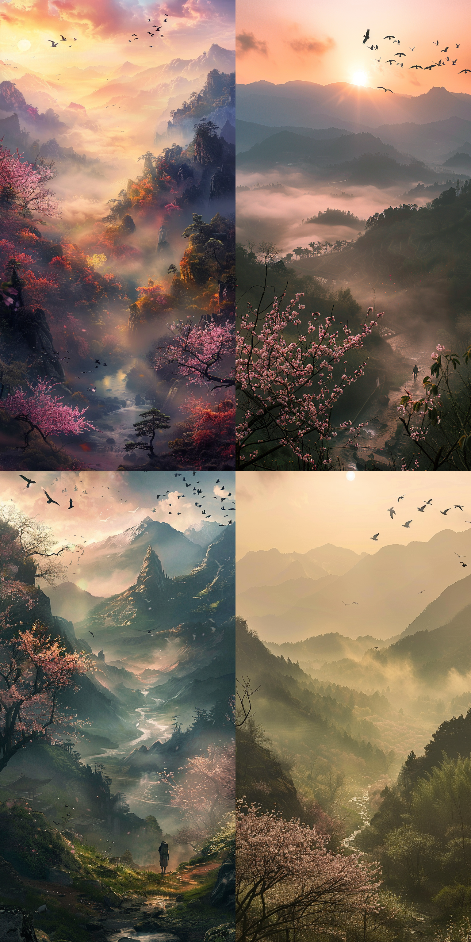 雾气缭绕的高山峡谷，桃花盛开，小溪潺潺，夕阳余晖洒满山谷，行者缓步前行，晚霞映照天际，飞鸟翱翔。广角镜头，逆光，低饱和度，自然光，宁静，远景，动态模糊，温暖色调，神秘感。