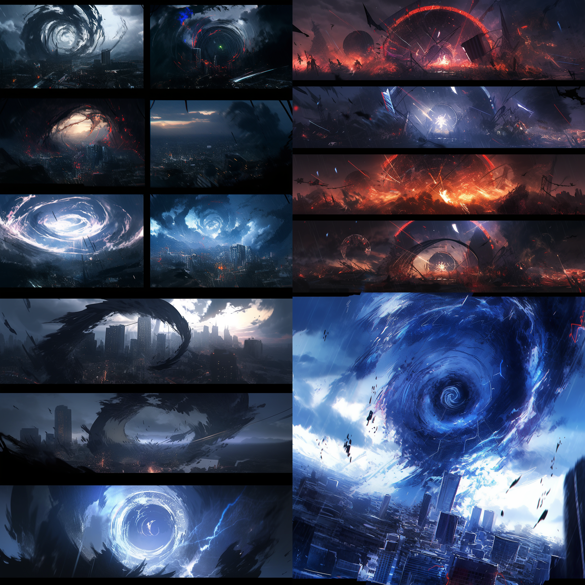 暗影使者电影级画面，龙卷风肆虐，精细城市背景，pinterest动漫风格，放射状构图，断层，螺旋形态，2019年动漫，虫洞特效，荒川弘风格，tcg卡牌质感，末日氛围。