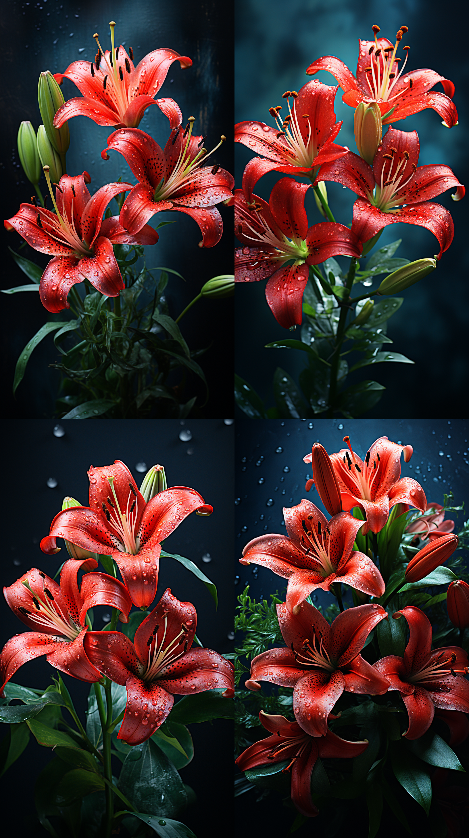 a bouquet of red lilies macro photography, waxy texture, semi- p etals, natural light, soft focus, deep green backgrou nd, high saturation, delicate texture, tranq uil atmosphere.