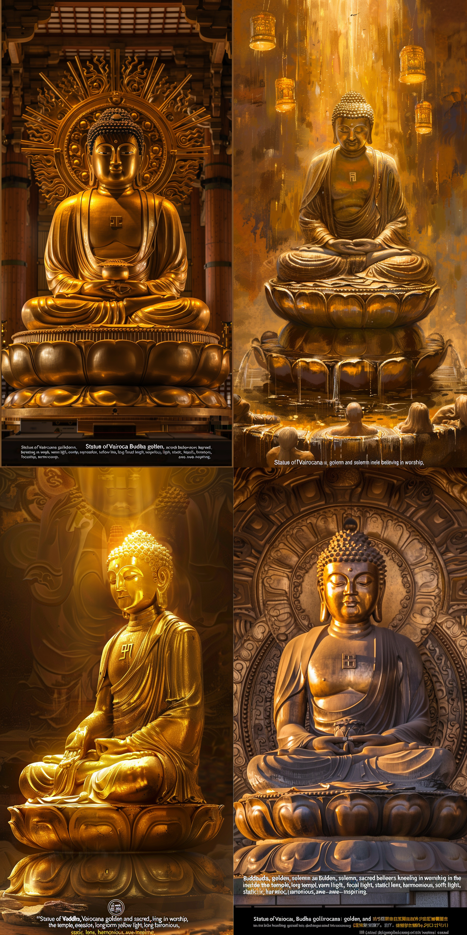 大日如来坐像，金色佛光，庄严神圣，信徒跪拜，虔诚表情，寺庙内，暖黄光，长焦镜头，柔和光线，静态，和谐，敬畏。