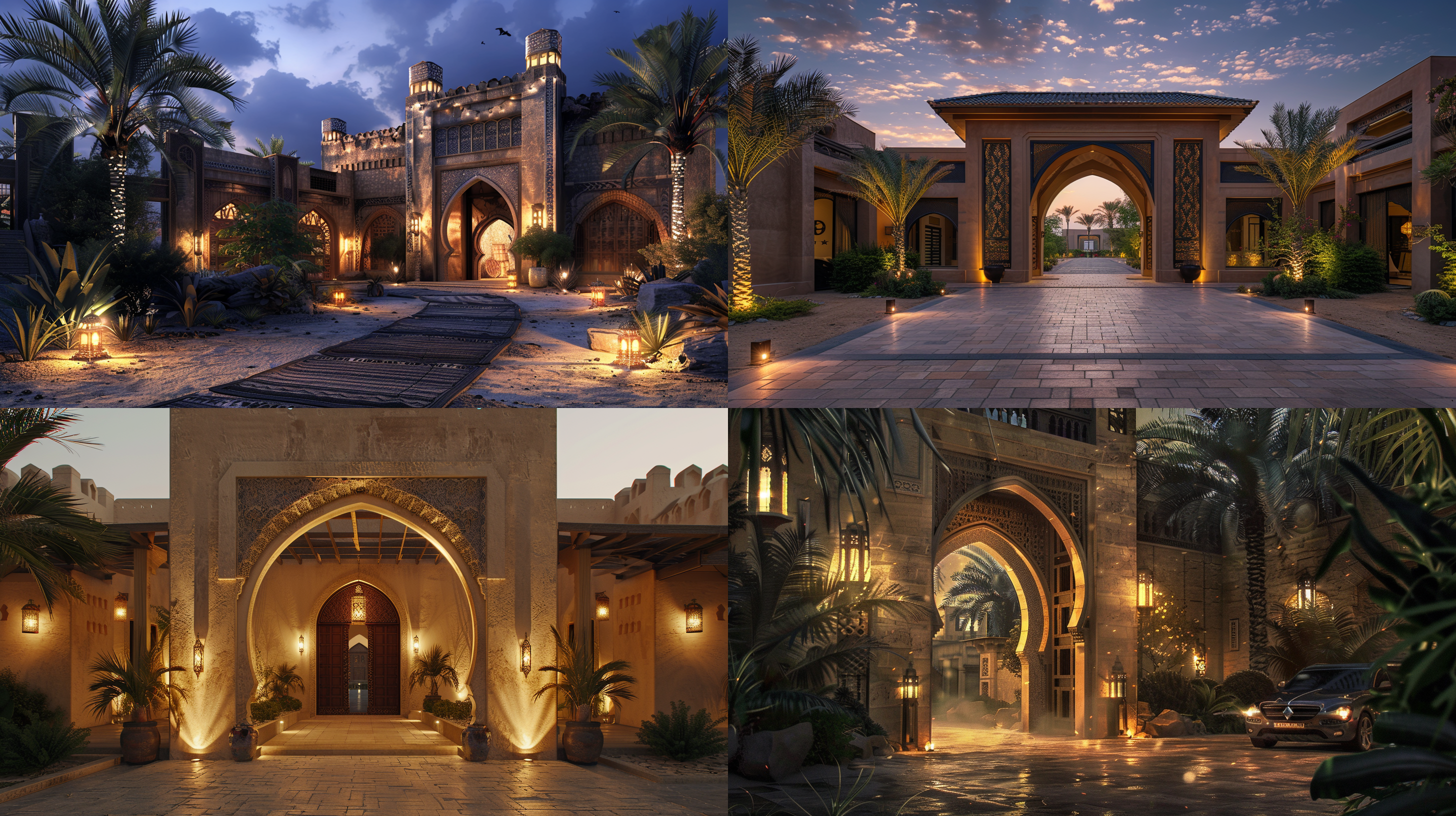 村庄大门设计，中东建筑风格，拱形门洞，自然石材，宽敞通道，机动车通行，沙漠色调，夕阳余晖，柔和侧光，细节丰富，庄严宁静。