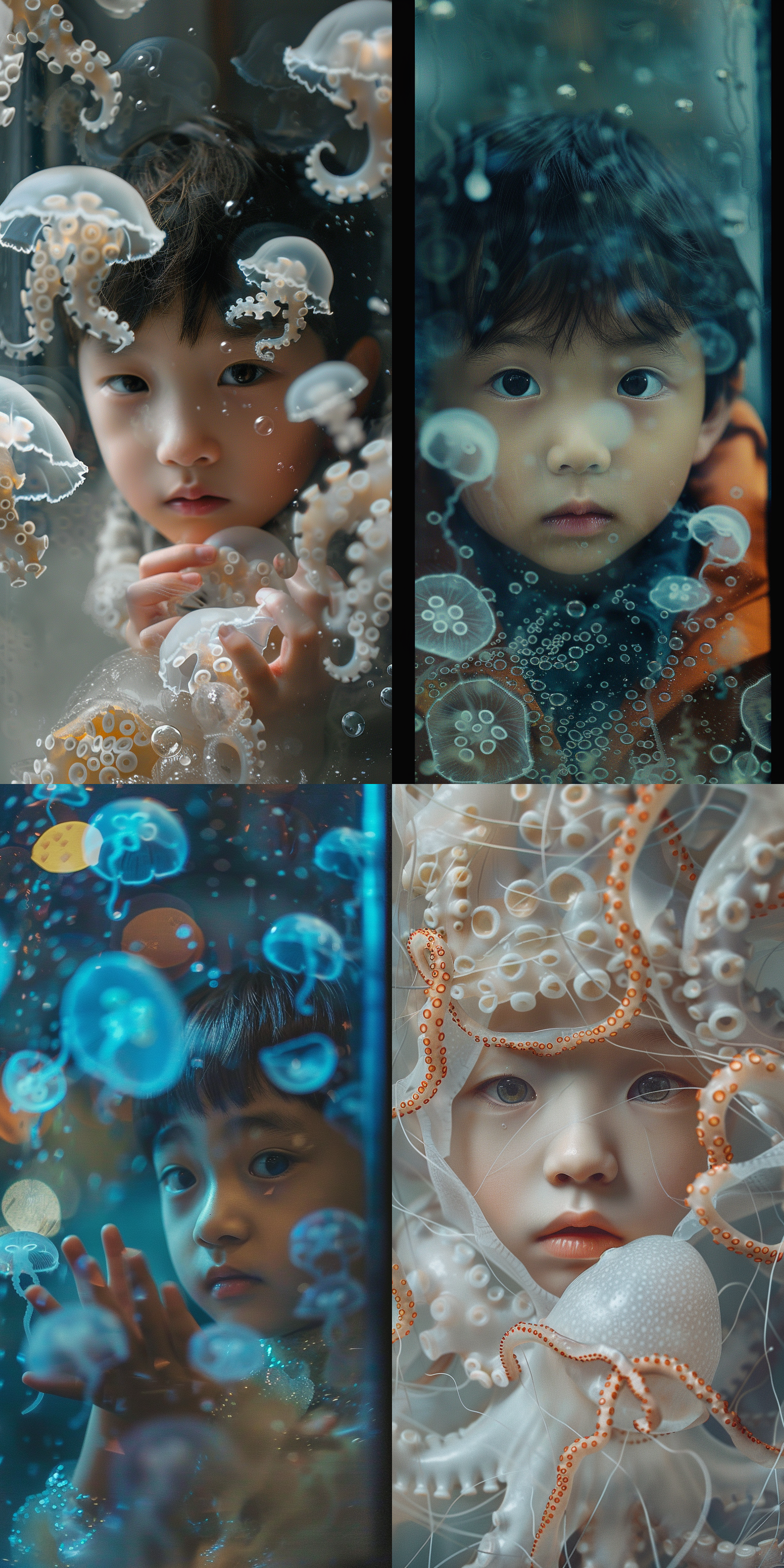 jellyfishes, kim hyun joo, boy staring at the window, white octopus, fantasy”, jordan matter photography, (beautiful eyes), wrinkled big cheeks, widescreen shot, children, resin, photo 50mm, taejune kim, pisces