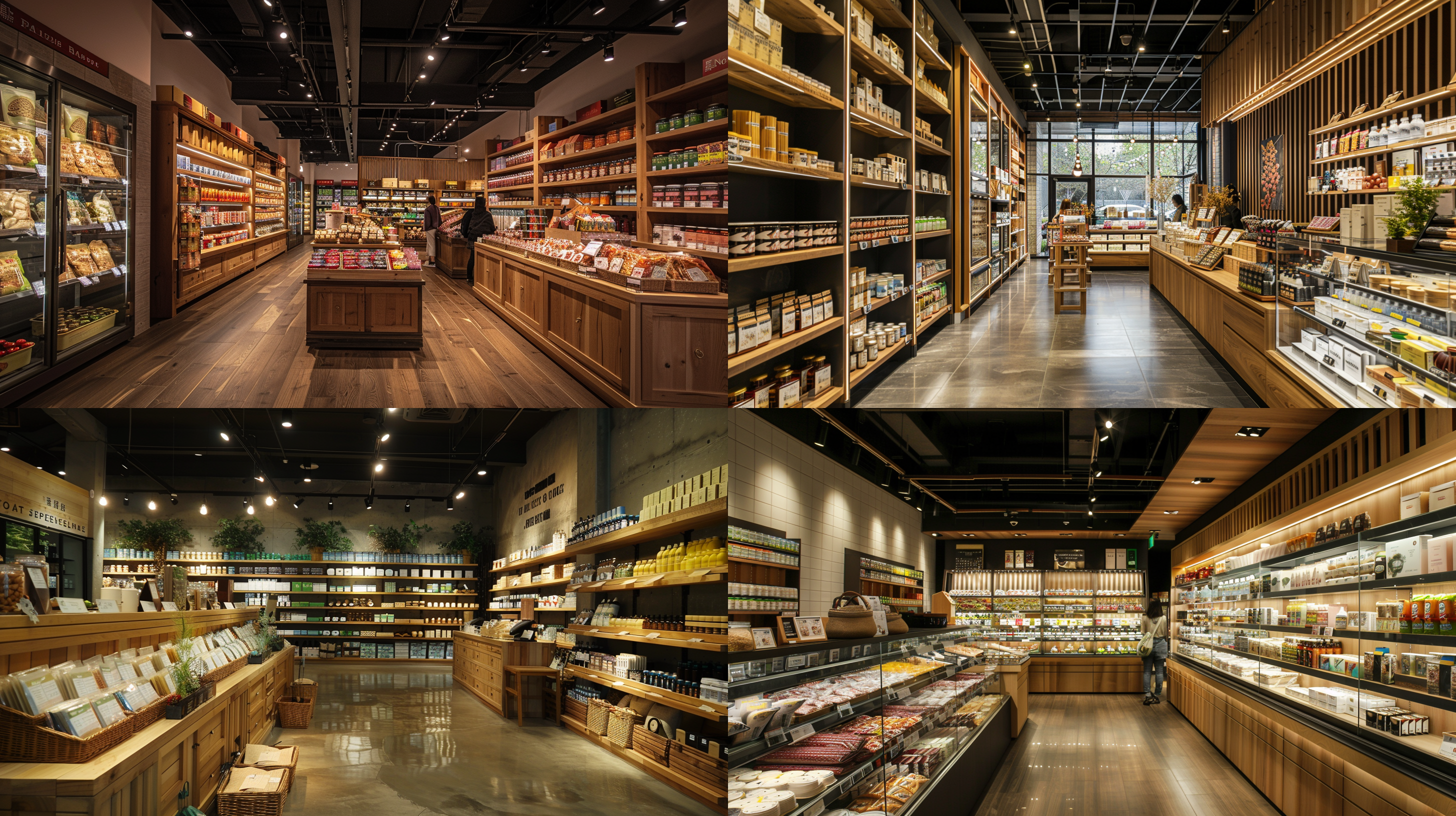 东北特产商店内部，高端装修，设计感货架，商品丰富，方便挑选，室内灯光柔和，广角镜头，自然光，暖色调，整洁有序，顾客满意表情。