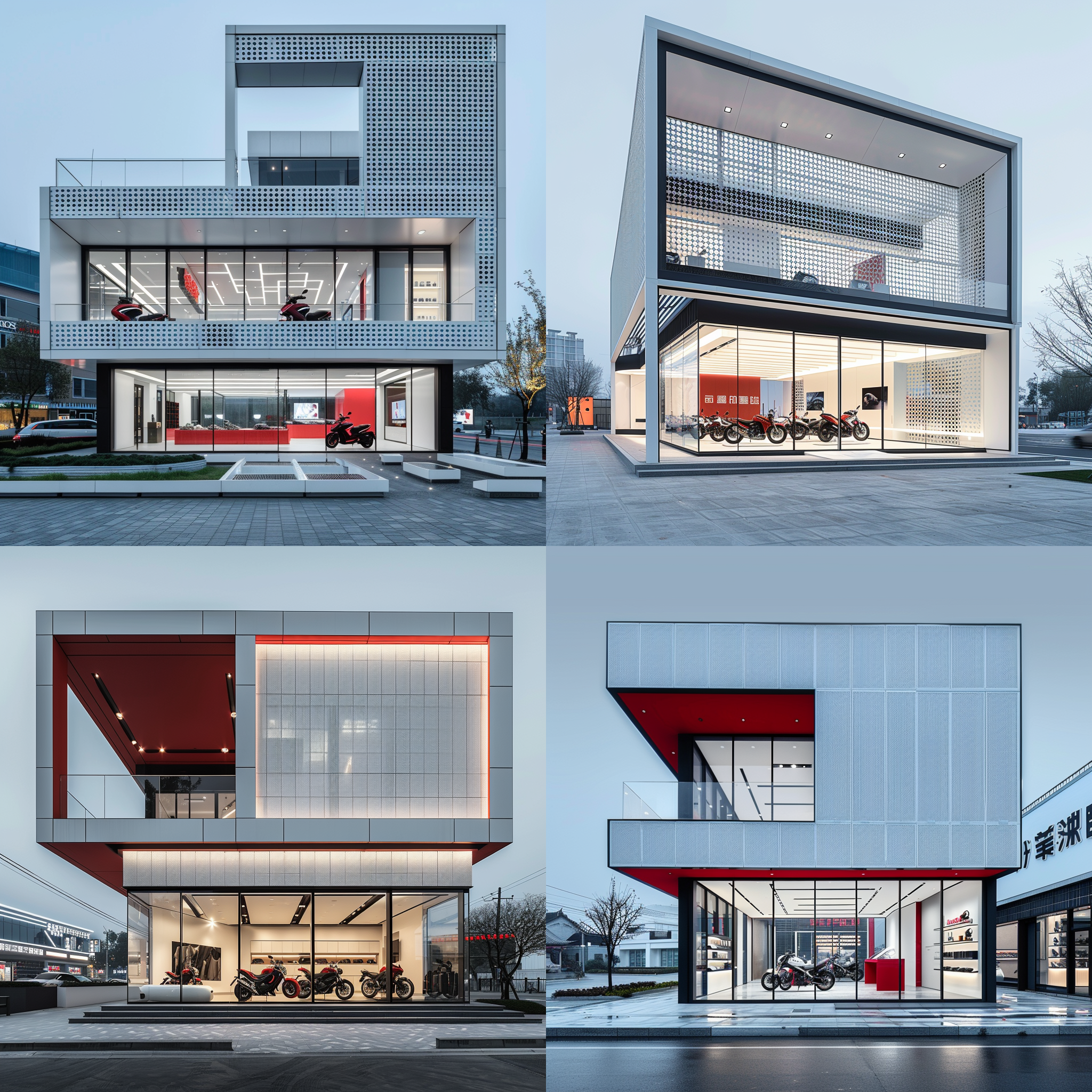 摩托车4s店，二层独立建筑，主色白色，辅色红色，穿孔板材质，有橱窗，现代，简约，高端，时尚，设计感