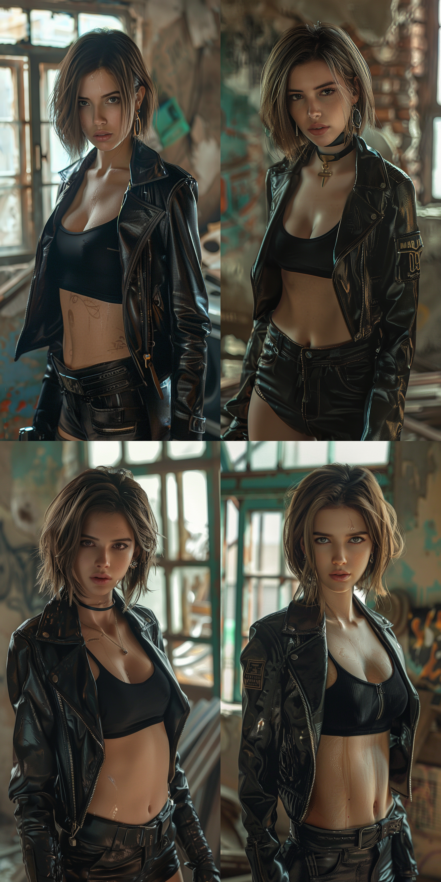 美国美女，完美身材，齐肩短发，耳饰，黑色夹克，黑色背心，皮裤，过膝长靴，pistol，全身，丰富的动作，6k，城市废墟， 疯狂麦克斯 侠盗猎车 辐射系列