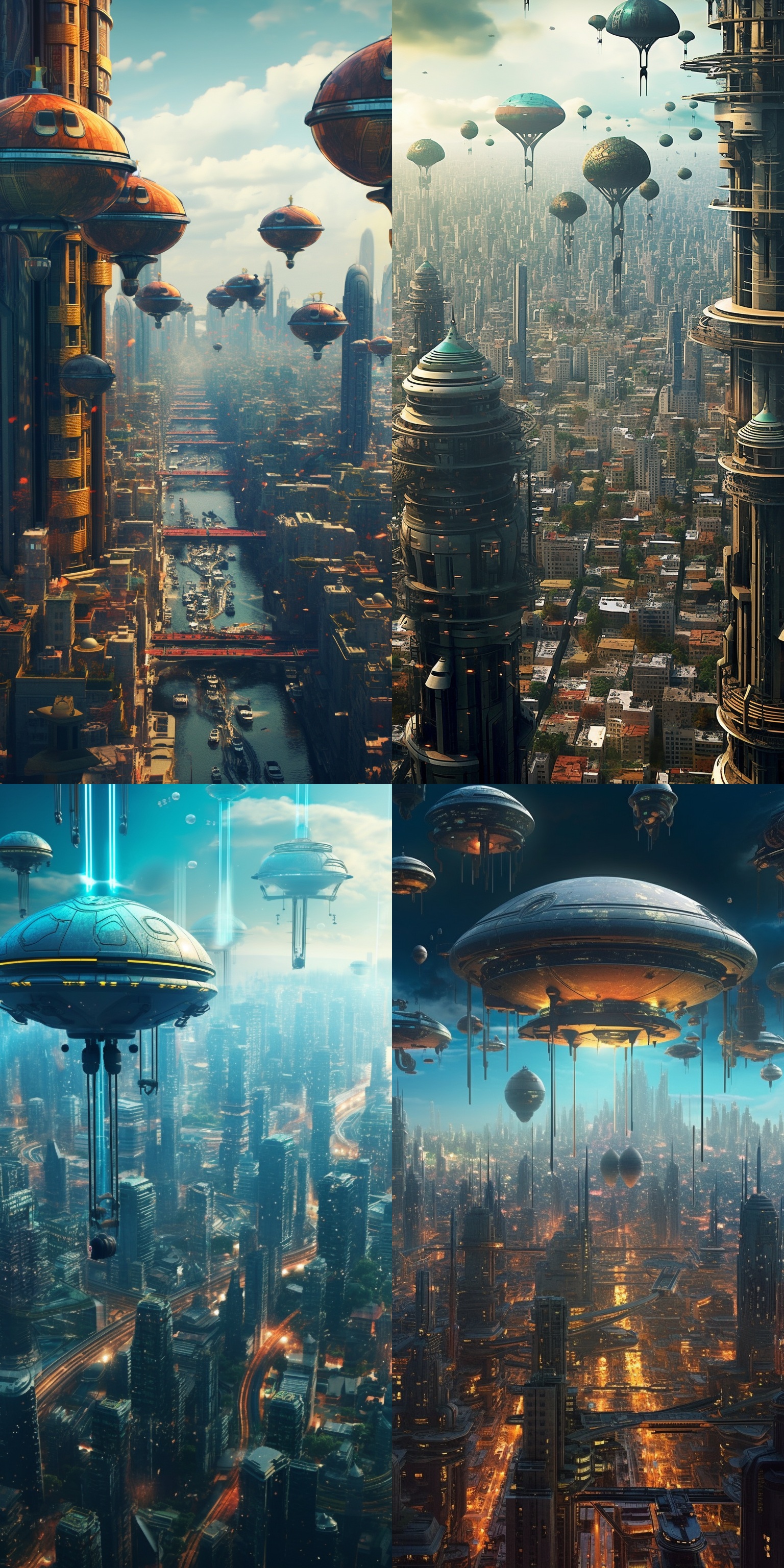 未来城市天际线，飞艇穿梭，机器人巡逻，超现实主义风格，冷色调，长曝光，hdr效果，俯瞰视角，细节丰富，科技感，动态模糊，未来感，高效秩序。