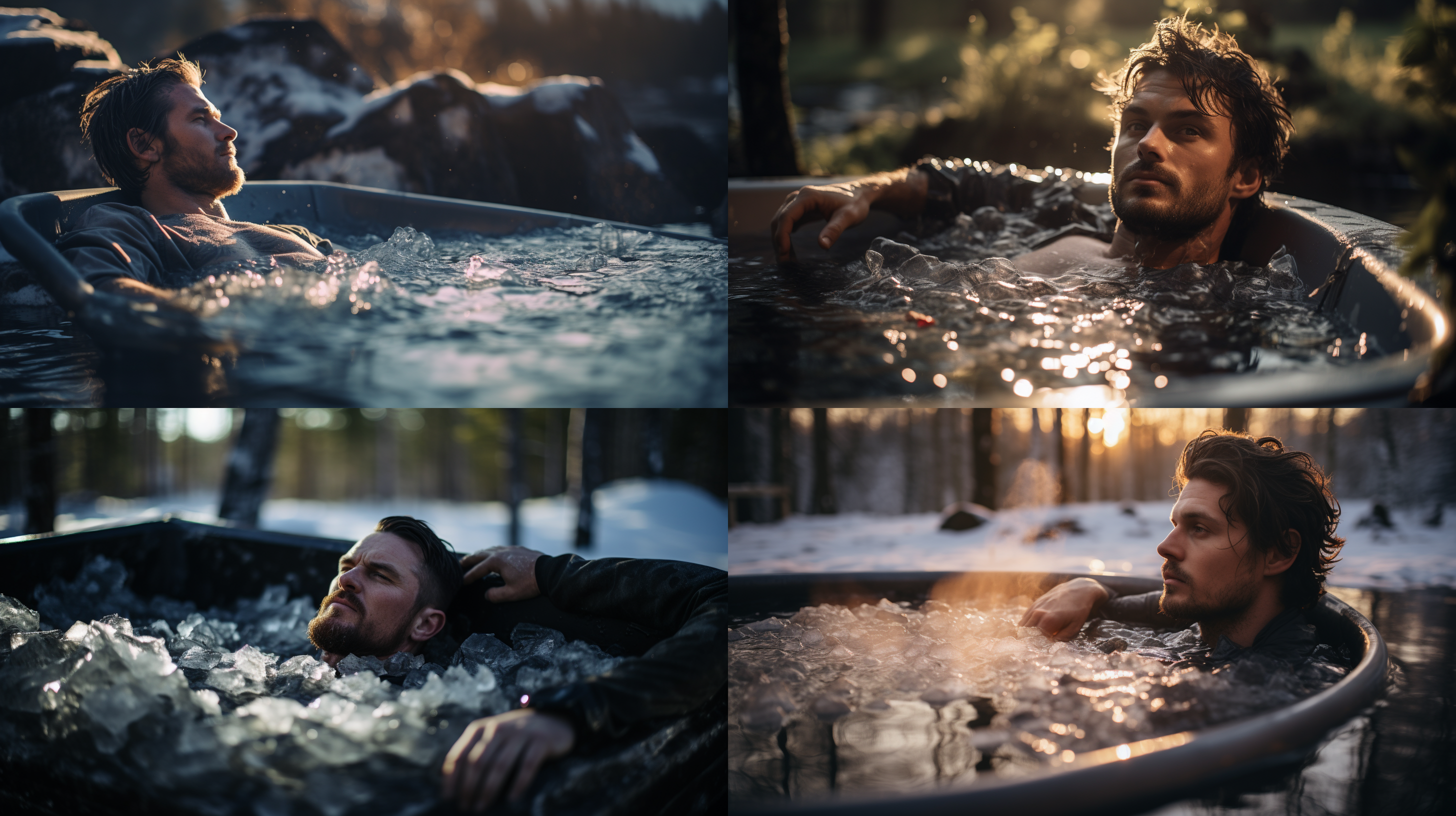男性户外躺黑色冰浴桶，冰水波纹，浮冰环绕，沉浸神态，田园庄园背景，电影色彩，冷色调为主，柔和色彩点缀，超清细节展现，静谧氛围，16k uhd分辨率，自然光，长焦镜头，低角度拍摄。