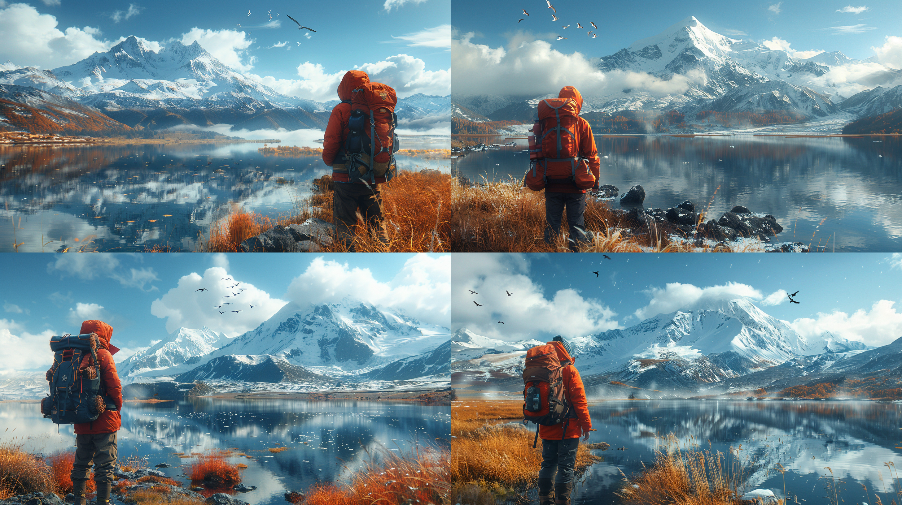 雪山高原湖泊，旅行者站立湖畔，晨光云雾缭绕，天空飞鸟翱翔，广角镜头低角度拍摄，蓝色与红色交织，光线通透，色彩丰富，暗调长对比，静谧氛围，高清晰度。