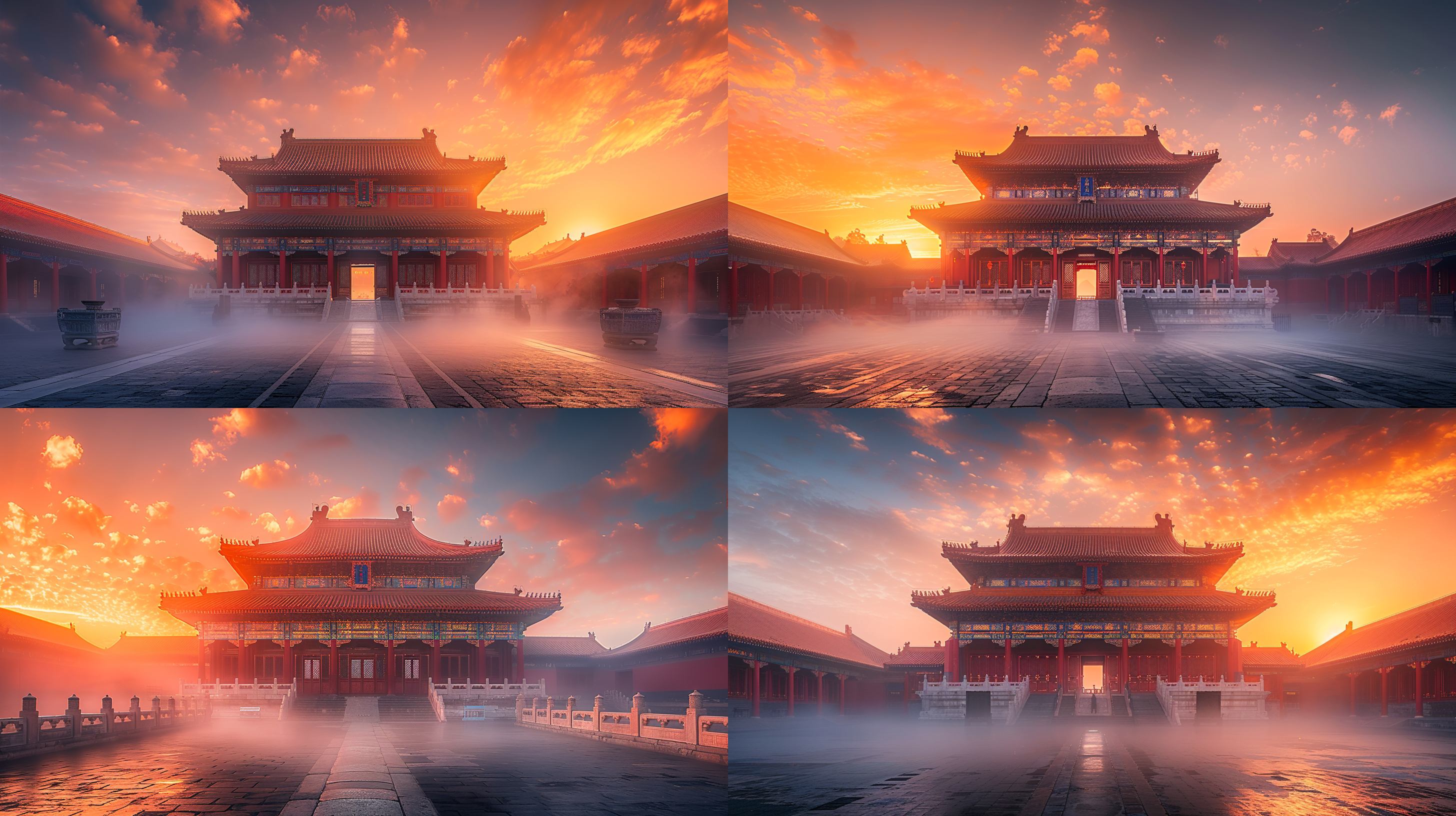 中国庙宇群建筑，大雄宝殿为中心，晨光中云雾缭绕，广角镜头捕捉半俯视全景，黄色与红色调，光线通透，细节丰富，营造静谧氛围。广角镜头,半俯视,晨光,云雾,大雄宝殿,黄色红色,光线通透,细节丰富,静谧。