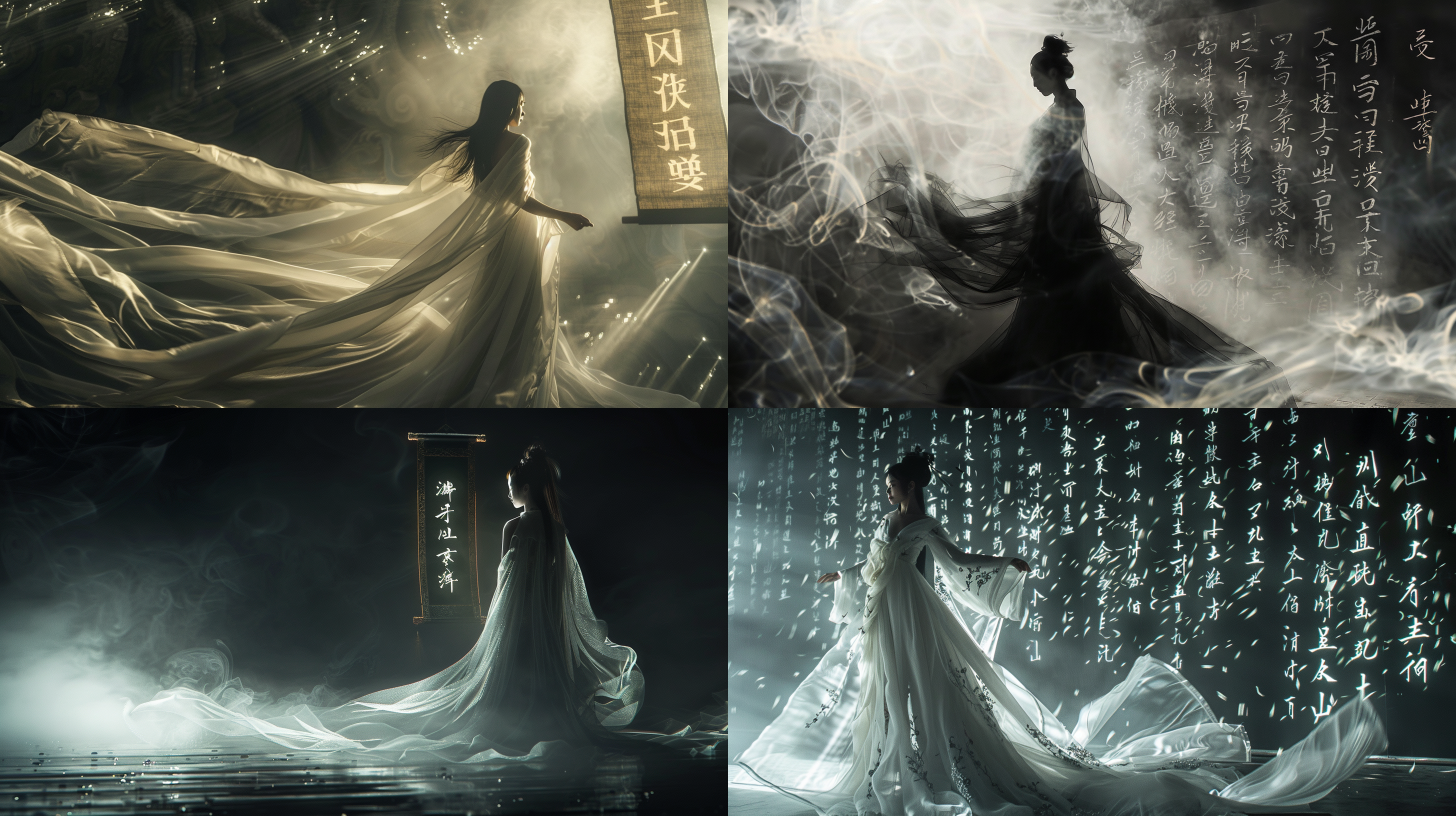 黑色虚幻空间，发光中国卷轴悬浮，书法字符白光，国风美女月光纱裙，朦胧烟雾感，光影对比强烈，深银浅金色调，超现实风格，柔和背光，长曝光，静谧，神秘。