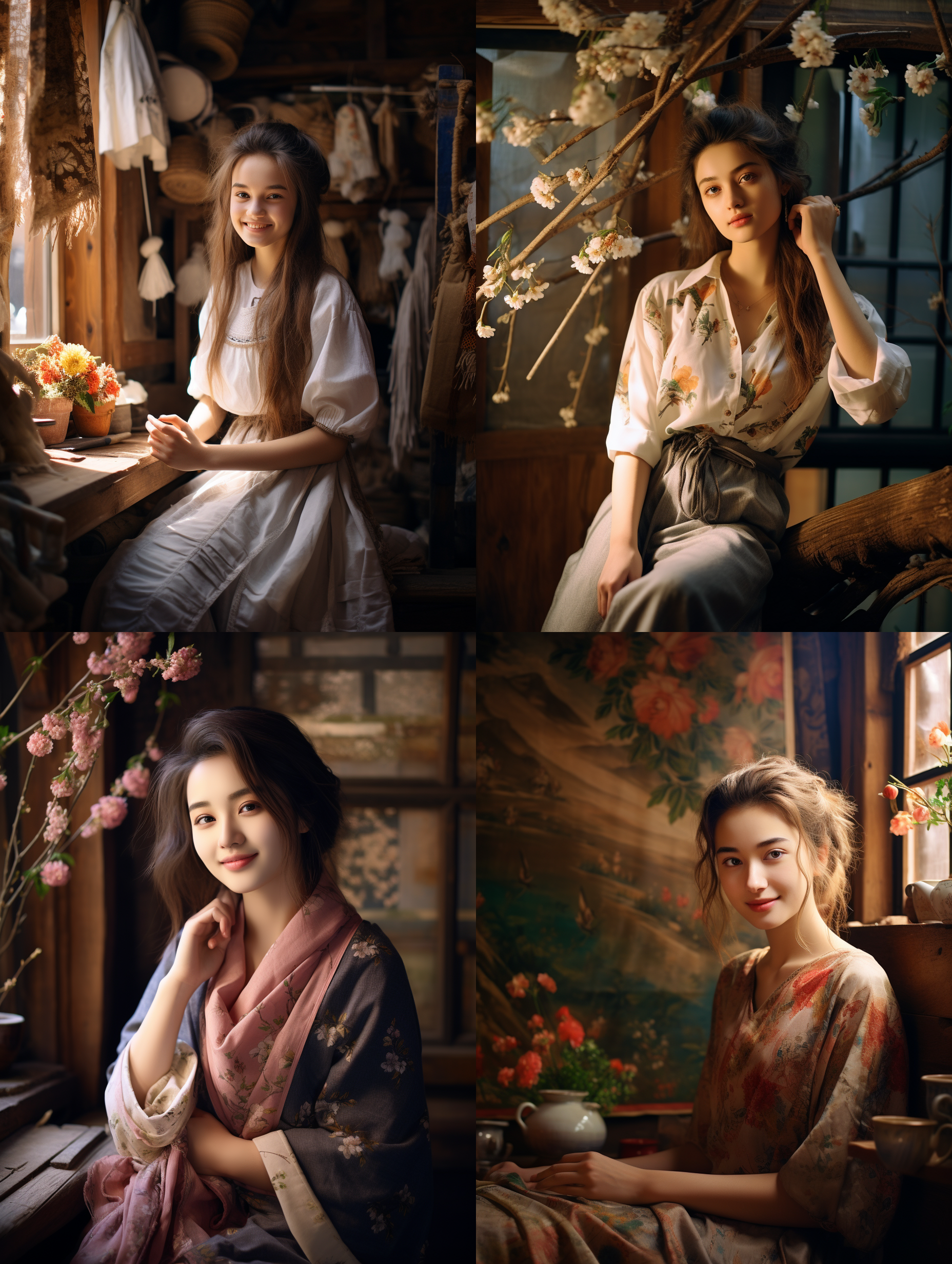 女孩微笑，中式阁楼，春日全景，高分辨率，柔和光线，长焦镜头，自然色彩，温馨氛围，细腻纹理，优雅姿态。