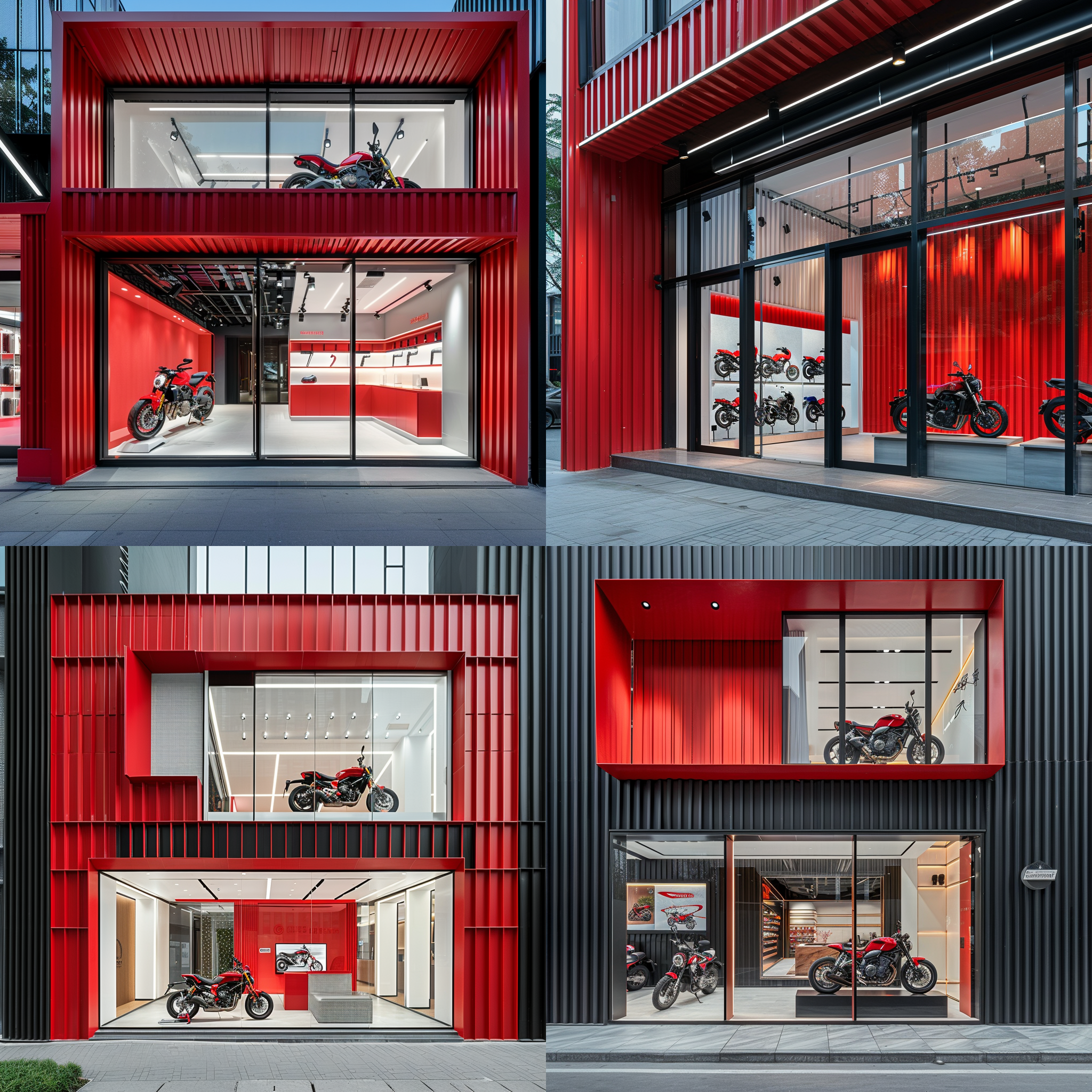 摩托车旗舰店，独立建筑，主色白色，辅色红色，波纹板材质，有橱窗，现代，简约，高端，时尚，设计感