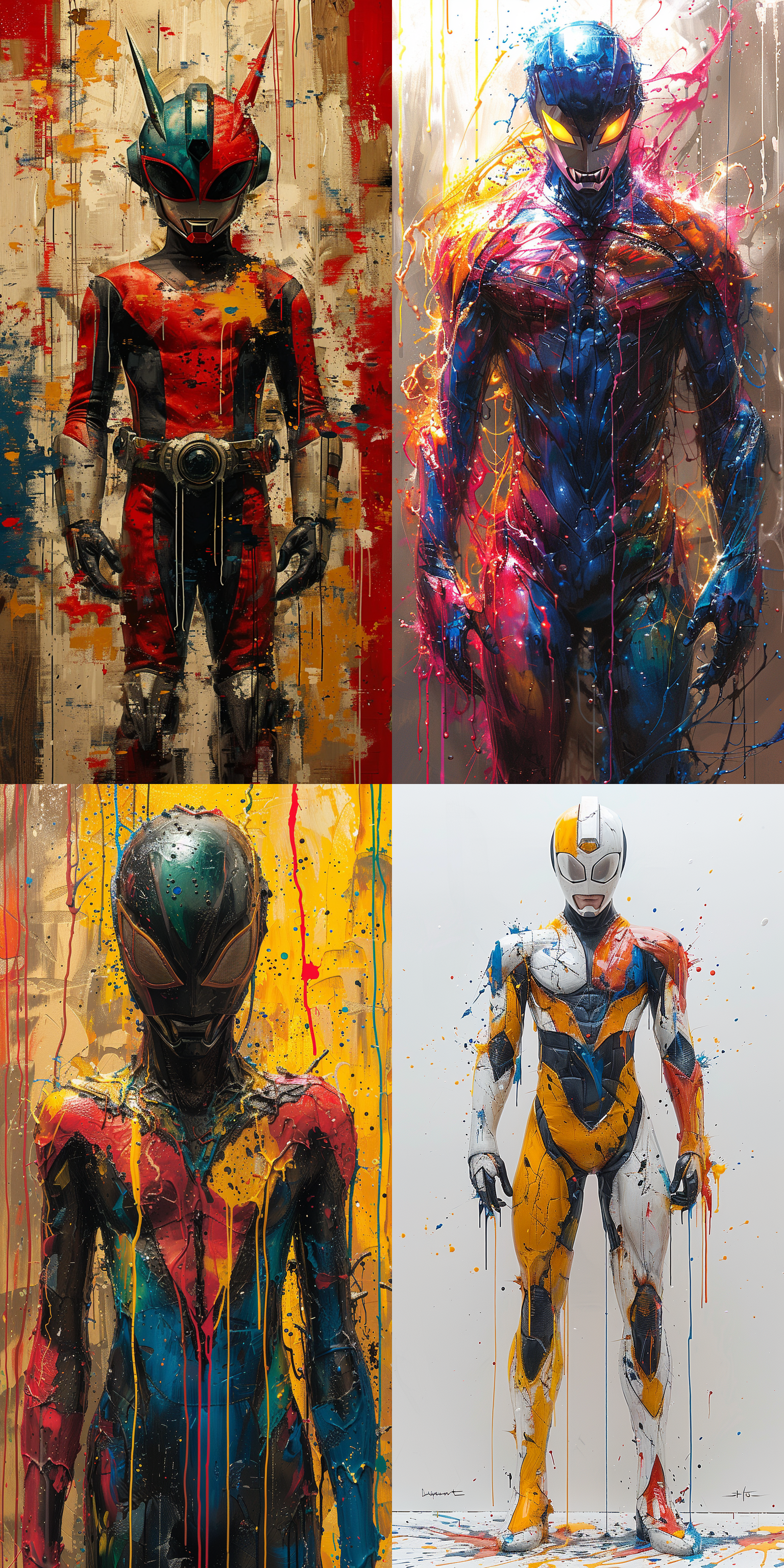 奥特曼滴漆艺术，奥特曼形象，抽象风格，滴漆效果，冷暖色调对比，立体感，动态捕捉，背景简洁，高光突出，金属质感，英雄姿态，神秘氛围。 滴漆艺术