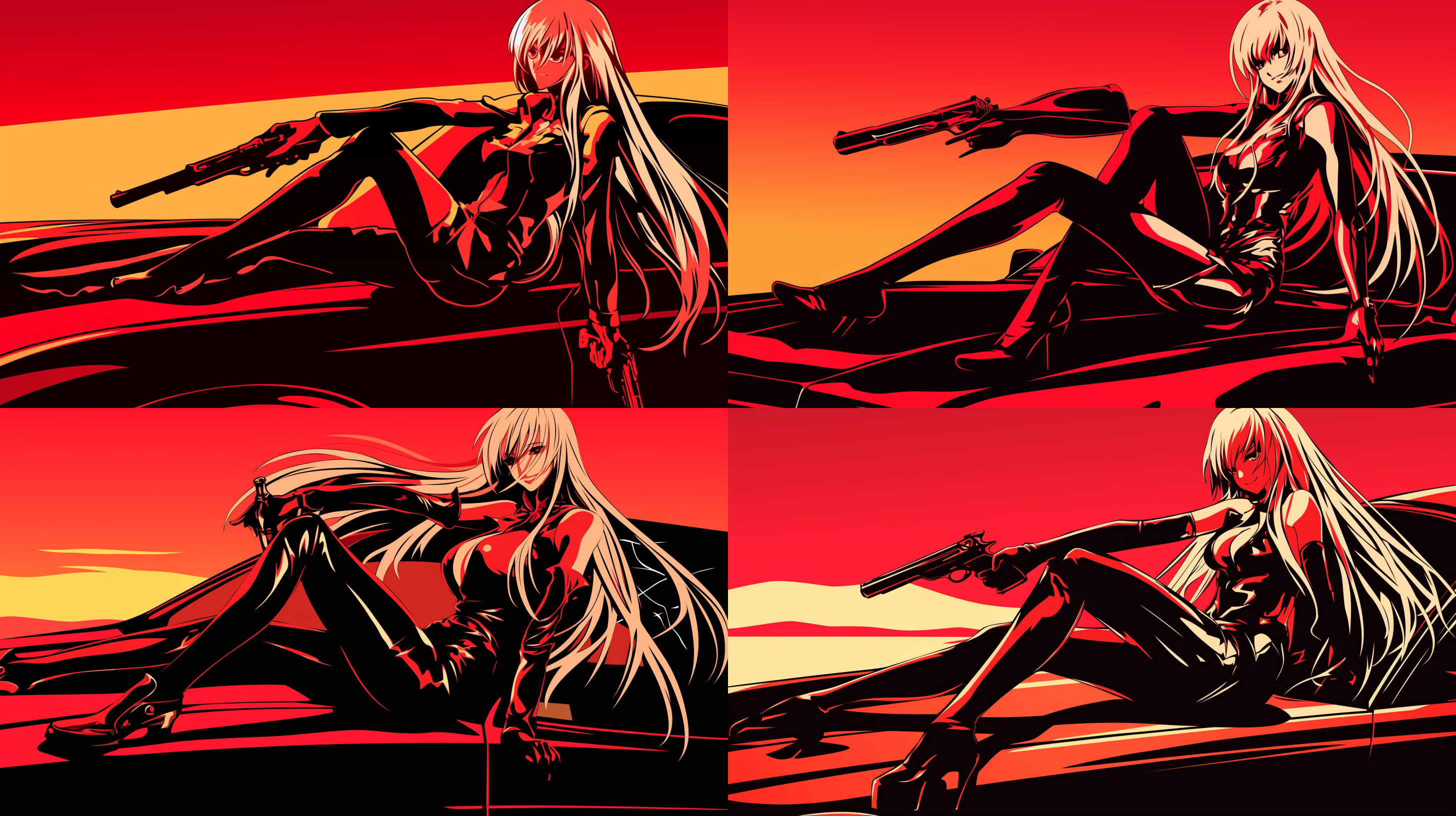 美女坐在车盖上，特写镜头，红黄色调，明亮光线，美女长发飘扬，笑容灿烂，啤酒瓶旁，速度感，动感模糊，逆光，喜悦表情，运动风格，矢量风格，矢量美。 全身 主观视角 低角度 波尔卡风格