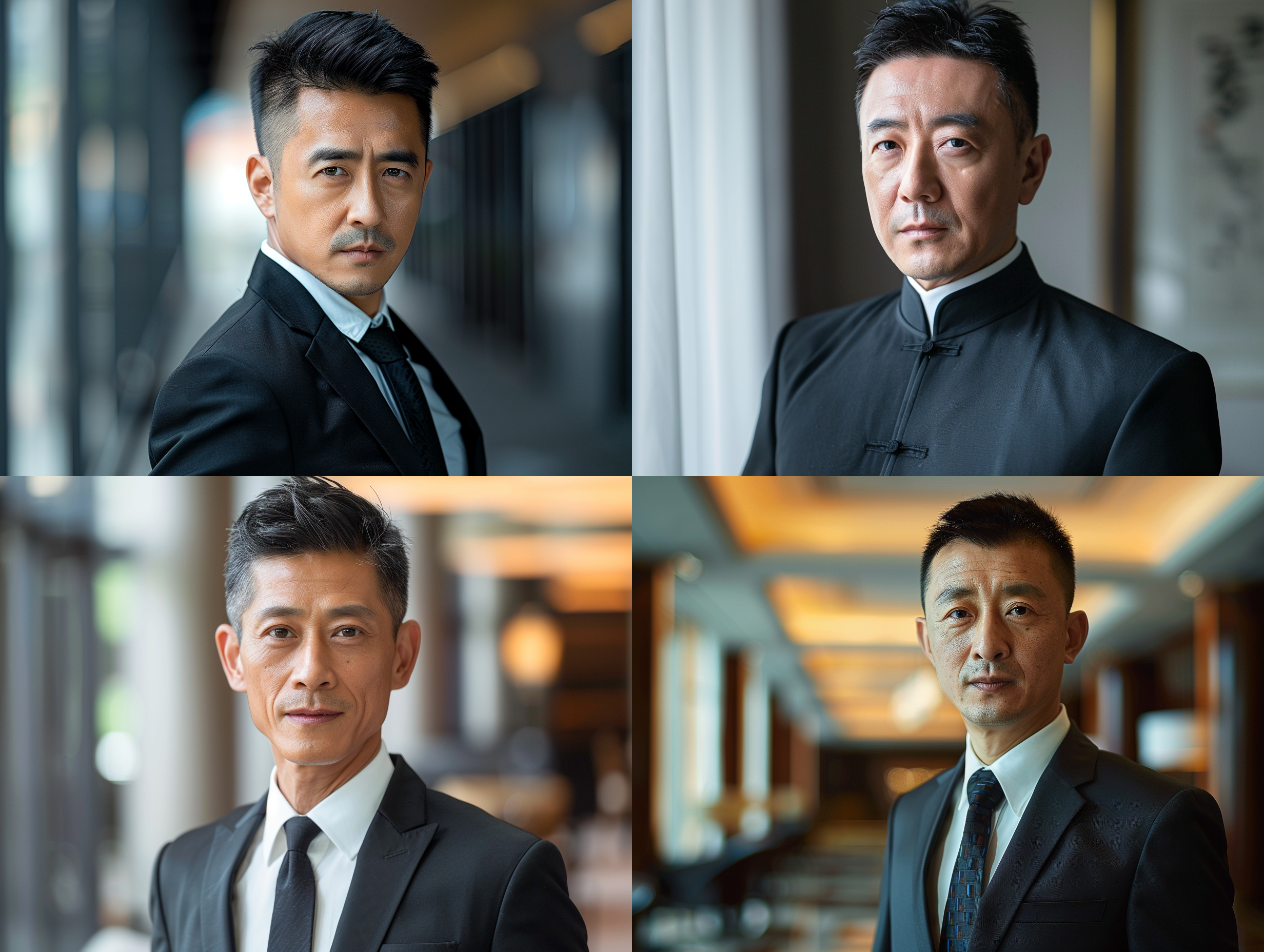 50岁中国男子，年轻英俊，黑色短发，都市精英，面容精致，身材高壮，黑色西装，白衬衫，室内背景，长焦镜头，正脸，高清16k，明亮色调，细节丰富，高对比度，侧光，静谧氛围，柔和光线，贵族姿态，优雅氛围，静谧表情，细腻皮肤质感。 贵族风