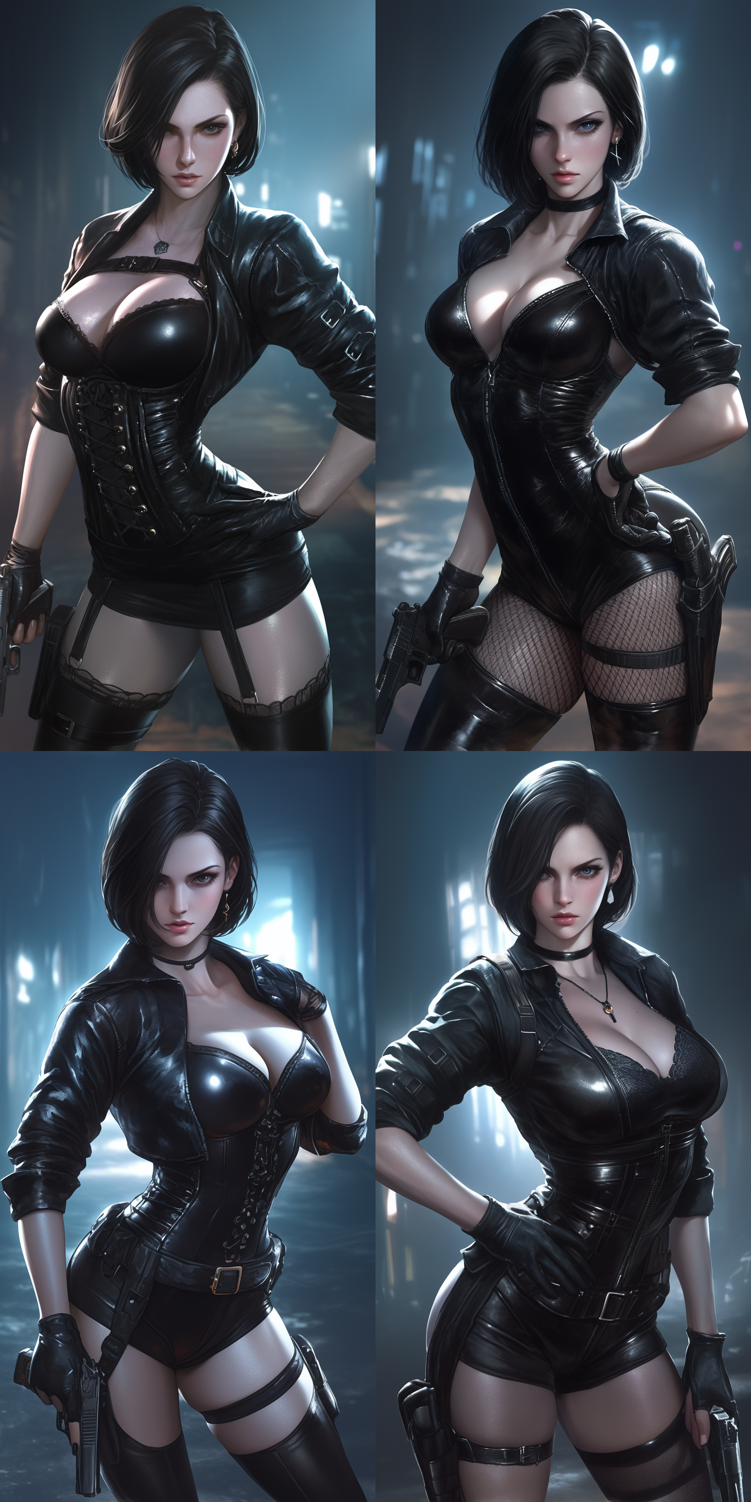 美女，完美身材，齐肩短发，黑色夹克，紧身衣服，长靴，耳饰，立姿，全身，pistol, 6k，废土背景，侠盗猎车，辐射系列