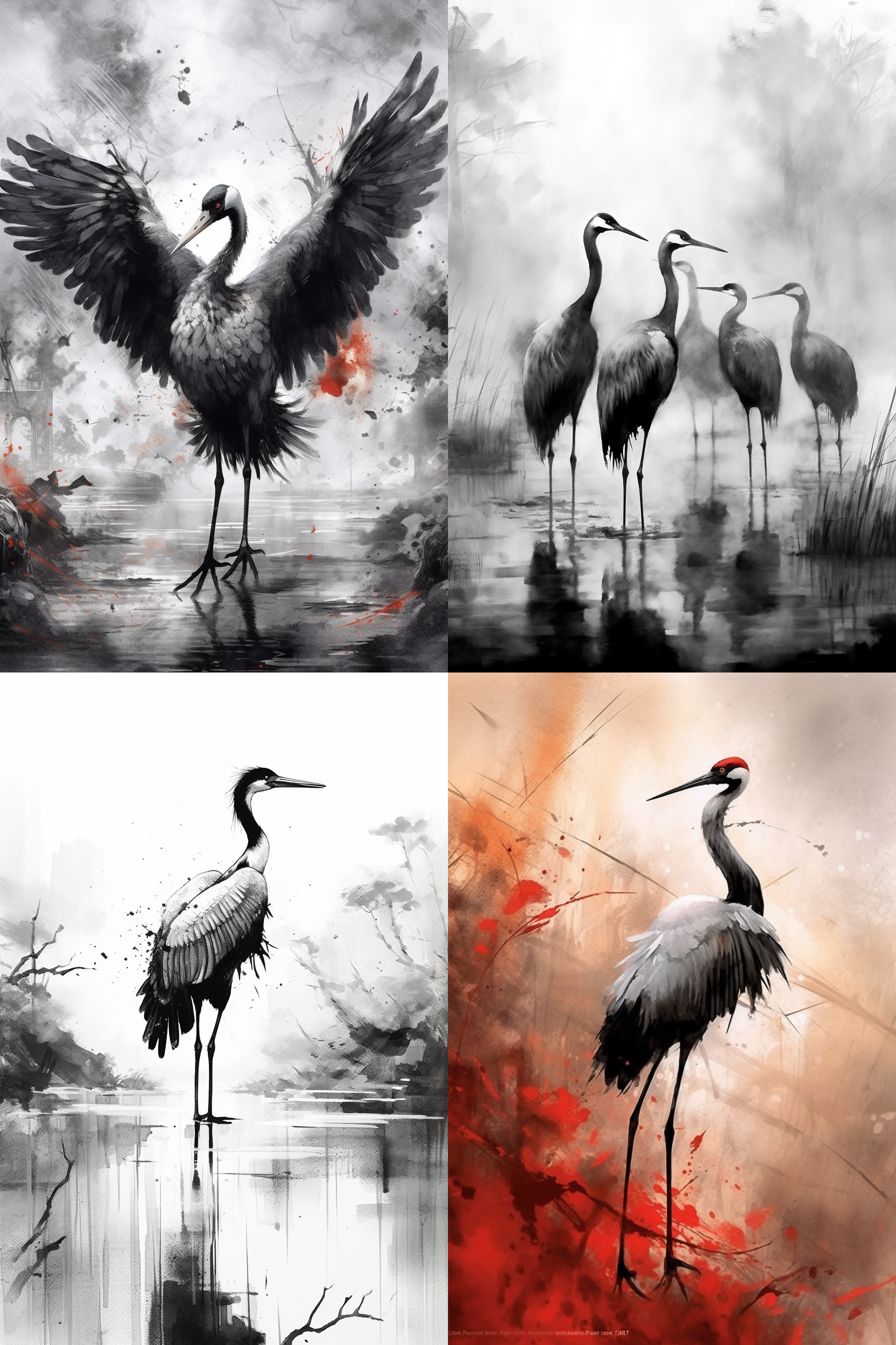 中国画仙鹤多动态，泼墨写意，笔触奔放大胆，全景构图，多留白，黑白水墨效果，动态捕捉，深浅对比，自然环境，传统与现代结合。