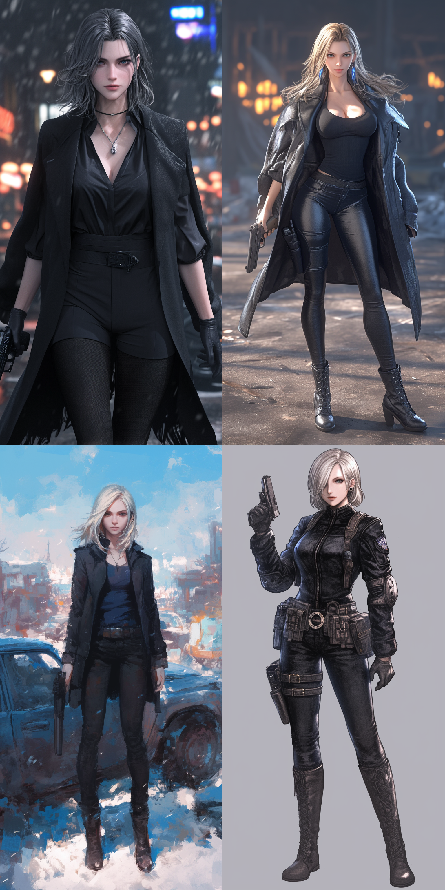 美女，完美身材，齐肩短发，黑色夹克，紧身衣服，长靴，耳饰，立姿，全身，pistol, 6k，废土背景，侠盗猎车，辐射系列