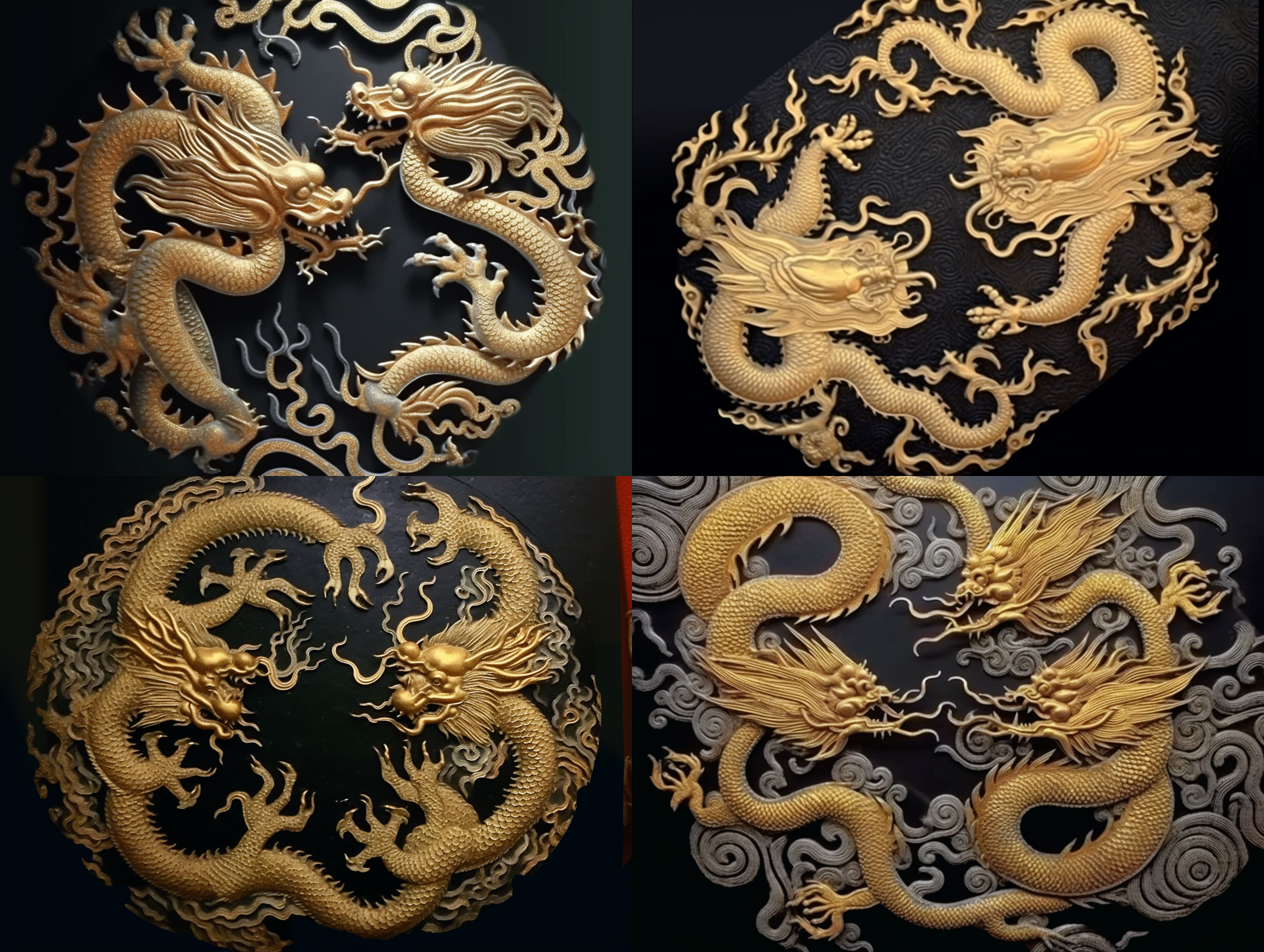 中国美学，金色双龙图案，祥云环绕，浅浮雕技法，细节精致，黑色背景，高光处理，对比鲜明，微距镜头，静谧氛围，金色与黑色对比，神秘感。