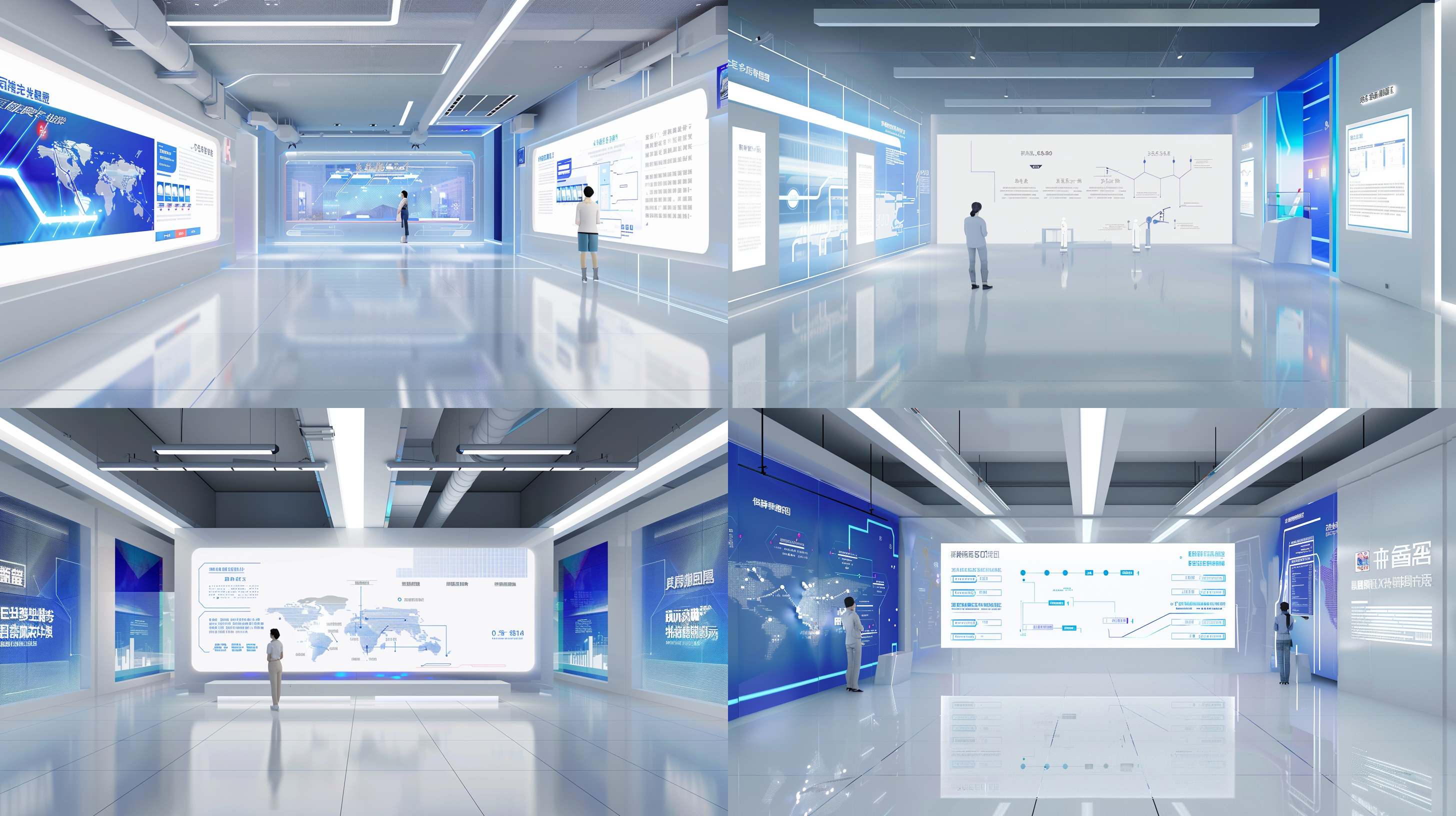 现代企业科技展厅，独立空间，白色展厅，线条造型，线条灯光，正面电子大屏，简约设计，现代化设计，展板，白色展厅，现代化，科技化，超高清，超高分辨率，vary渲染，冷色调，无人物，静态展示，正面拍摄，广角镜头，自然光，高清晰度，科技感强。