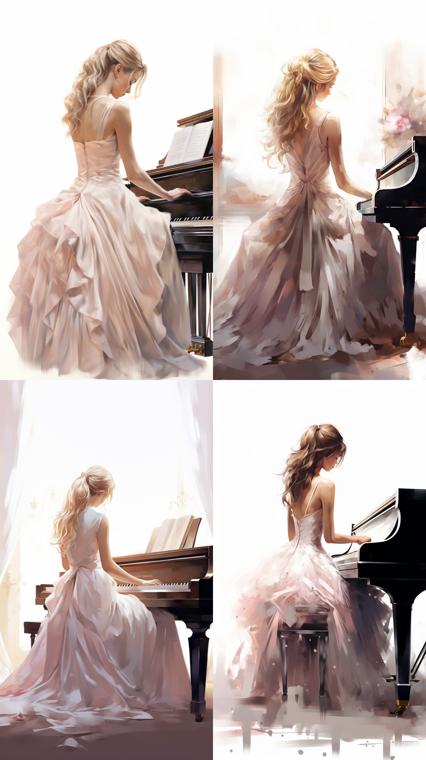 弹钢琴女孩背影，柔和光线，室内音乐厅，长裙，优雅姿态，白色背景，细腻笔触，专注表情，浪漫氛围，古典乐器，艺术气息，泡泡玛特配色，由pop mart制作，光滑细腻，黏土材料，辛烷值渲染，超细节，8k,16k，超清晰细节 模型摄影，侧面构图，干净背景，明亮色彩，生动表情，细节丰富，数字艺术，创意设计，灯光效果。