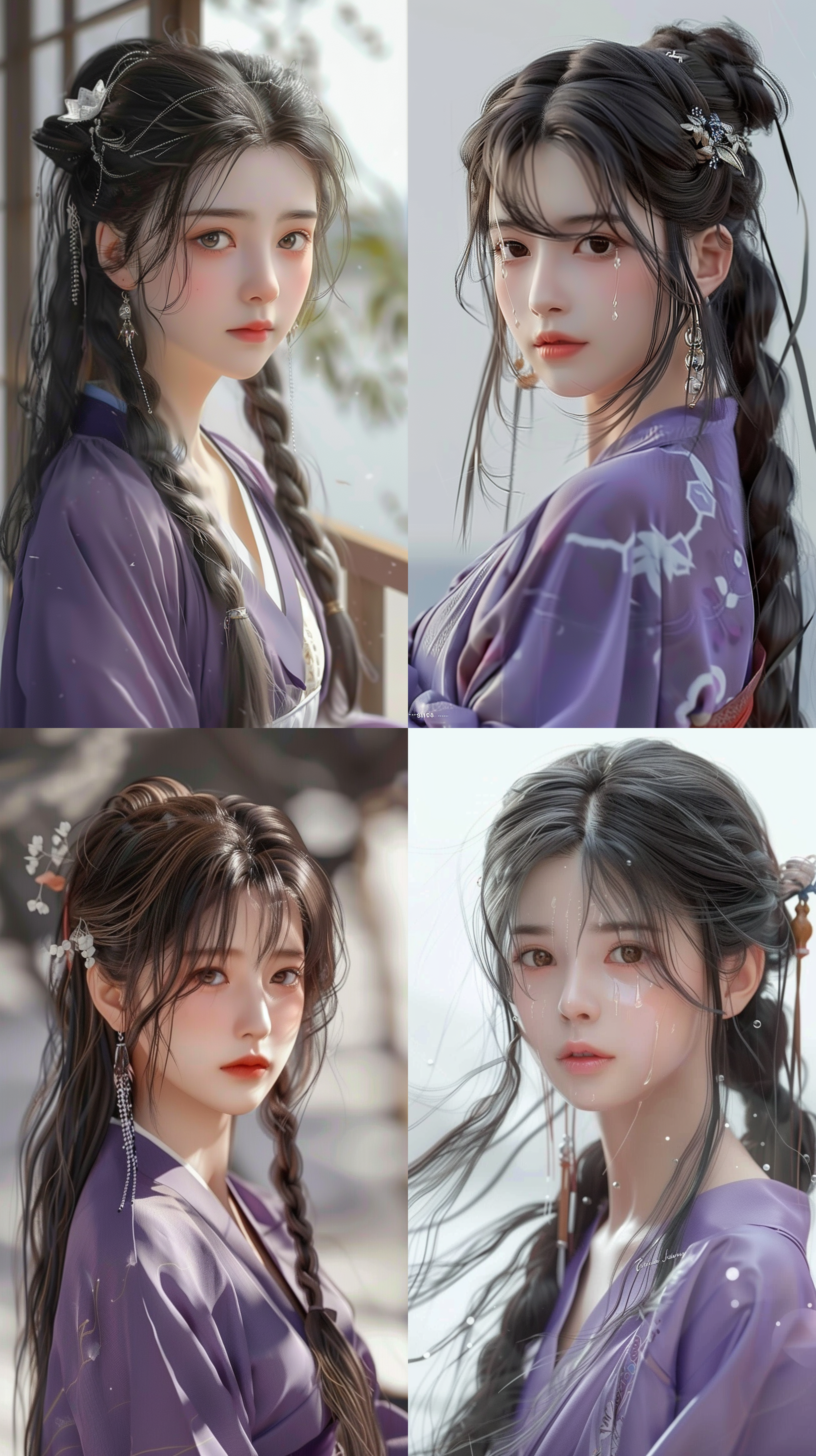 细腻描绘一位穿着紫色和服的少女，长发编成辫子，头戴发饰，表情悲伤，眼中含泪，凝视着观众。画面采用超高清8k分辨率，光线从天空洒落，照亮她的长发，营造出一种梦幻而悲伤的氛围。背景简洁，为纯白色，突出了少女的情感表达。整体风格为极其细致的cg艺术，色彩丰富，皮肤呈现水晶般质感，光线追踪技术增强了画面的真实感。