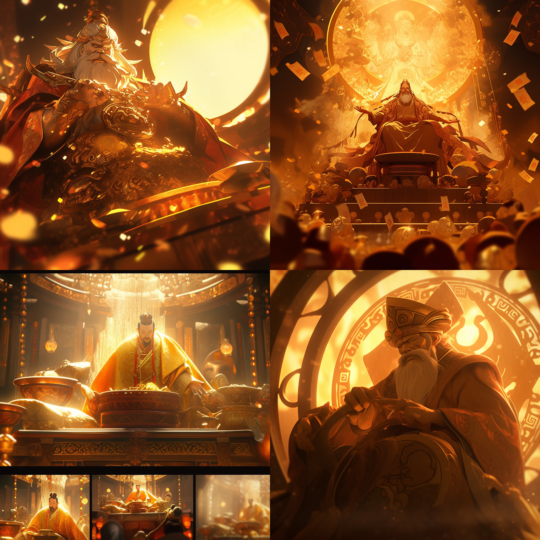 财神电影质感，财神形象，金色华服，庄重表情，电影级光影，室内场景，暖金色主调，长焦镜头，柔和侧光，慢快门，神秘氛围，敬畏感。