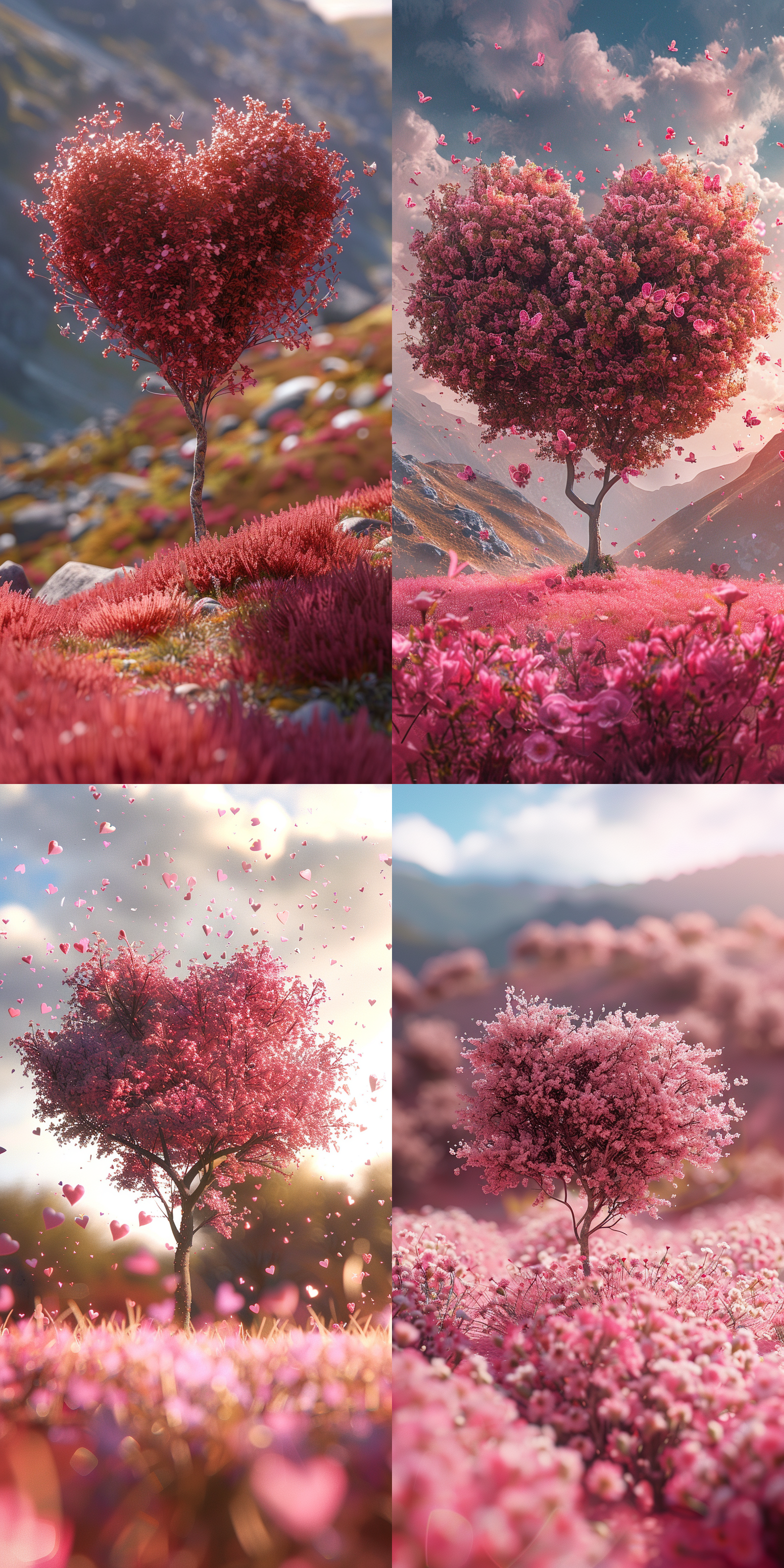 心形树在粉色草原上，陶土材质，皮克斯动画风格，迪斯尼动画色彩，最高画质，细节丰富，静谧氛围，自然光，柔和色调，远景构图，温暖情感。