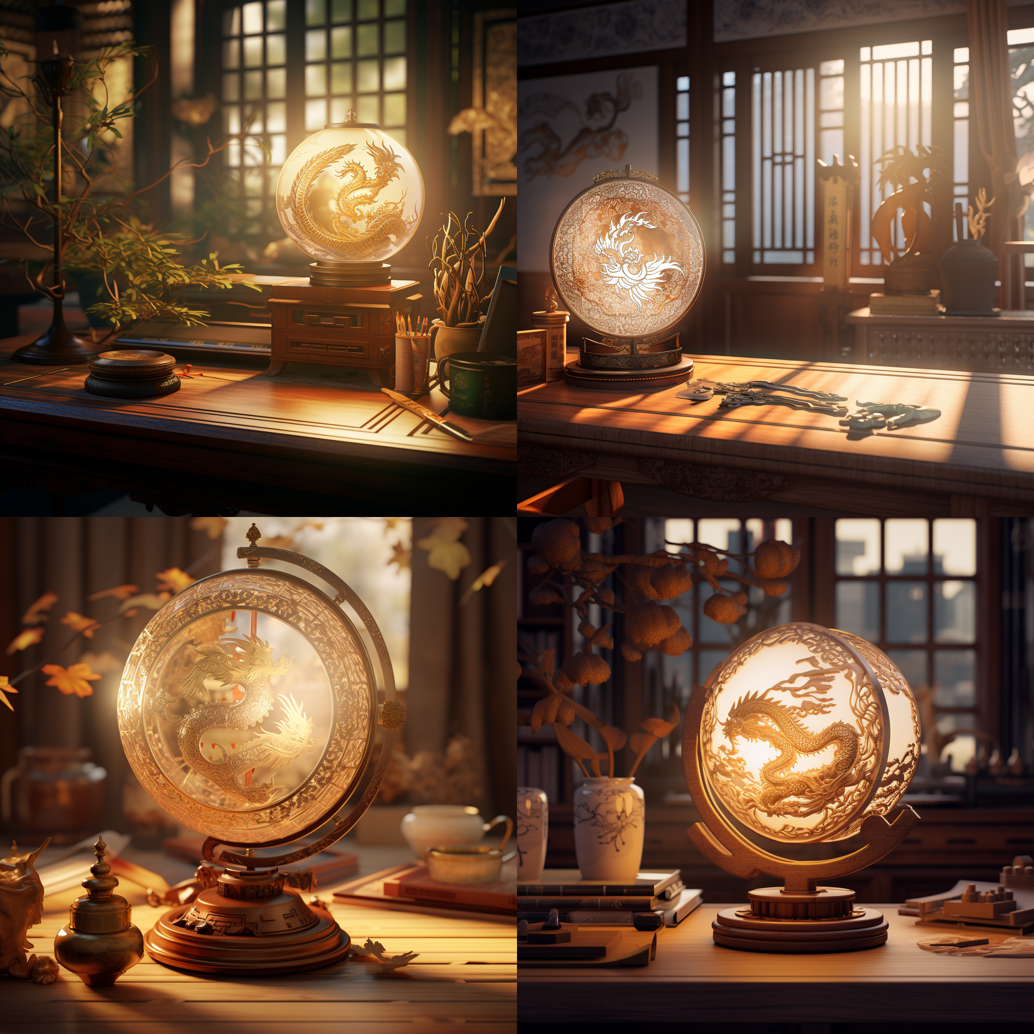 黄鼎细腻8k渲染，桌面风扇，龙尾设计，怀旧灯光，木桌上，发光皇室图案，浪漫简单路径追踪，索尼a7 iii，灵感来自李梅树，一盏孤灯，孙宇晨，金色龙。