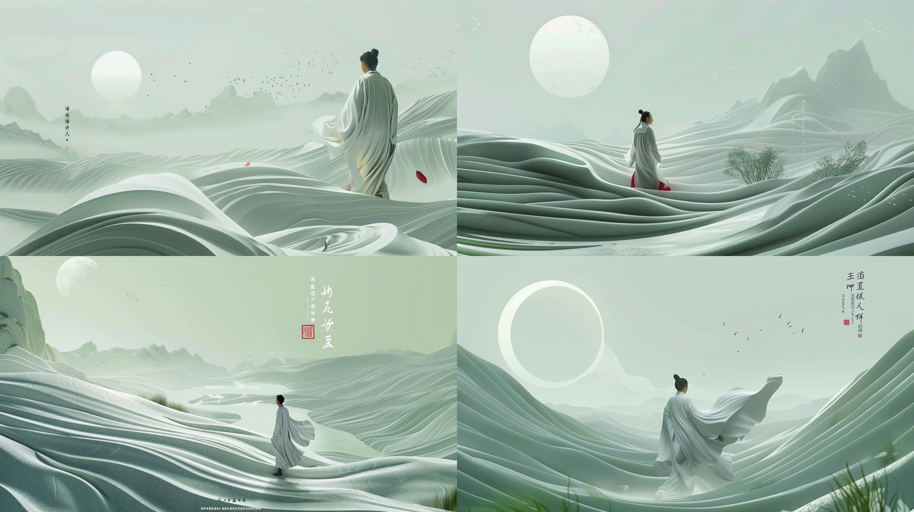 干净背景，大面积留白，沙质中式圆盘，汉服行走，宋代工笔山水画，cinema4d渲染，有机流动形式，月球表面，浅绿色和白色，地中海景观，波浪形树脂片材，柔和光线，低饱和度，静谧氛围。
