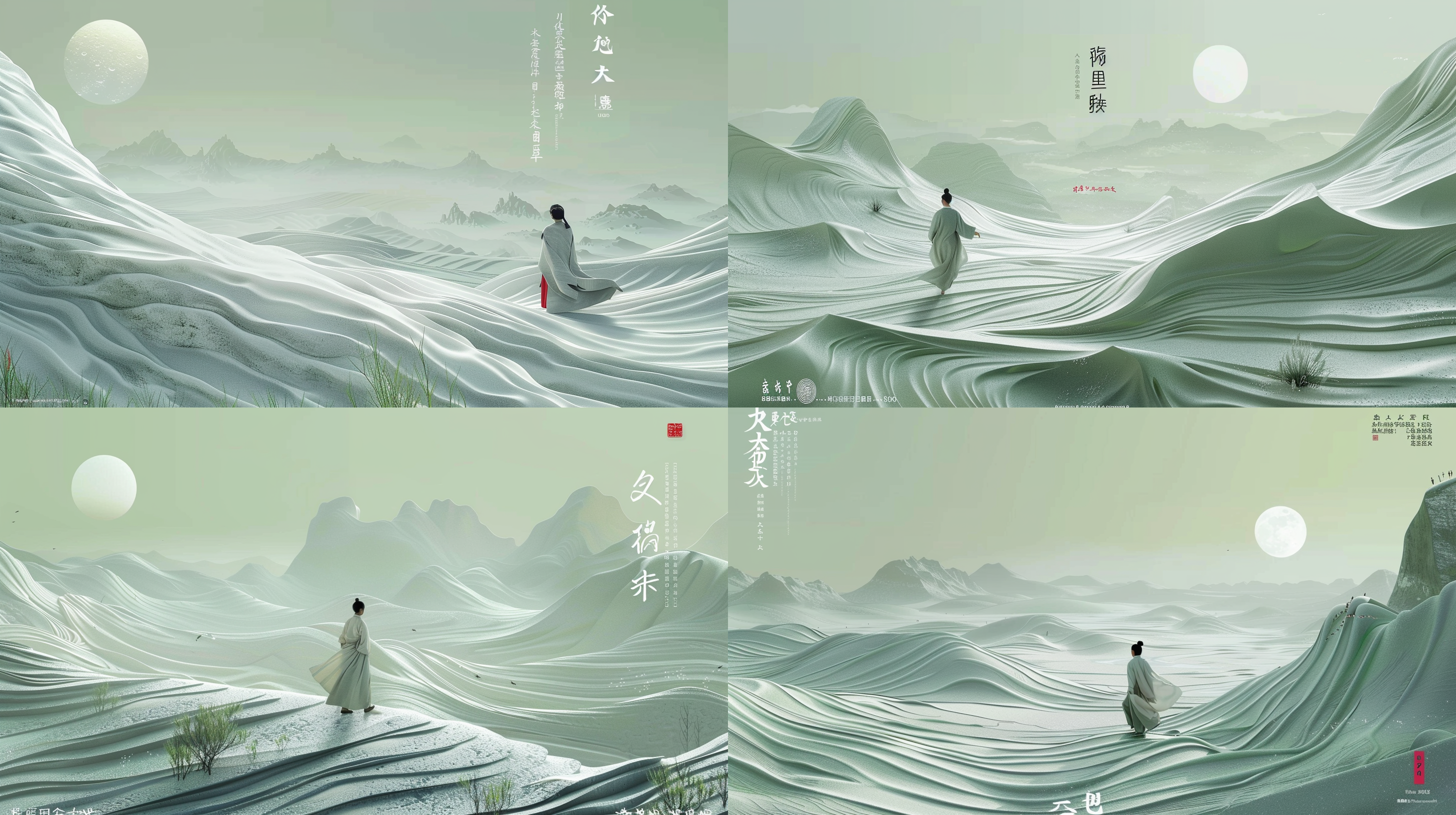干净背景，大面积留白，沙质中式圆盘，汉服行走，宋代工笔山水画，cinema4d渲染，有机流动形式，月球表面，浅绿色和白色，地中海景观，波浪形树脂片材，柔和光线，低饱和度，静谧氛围。