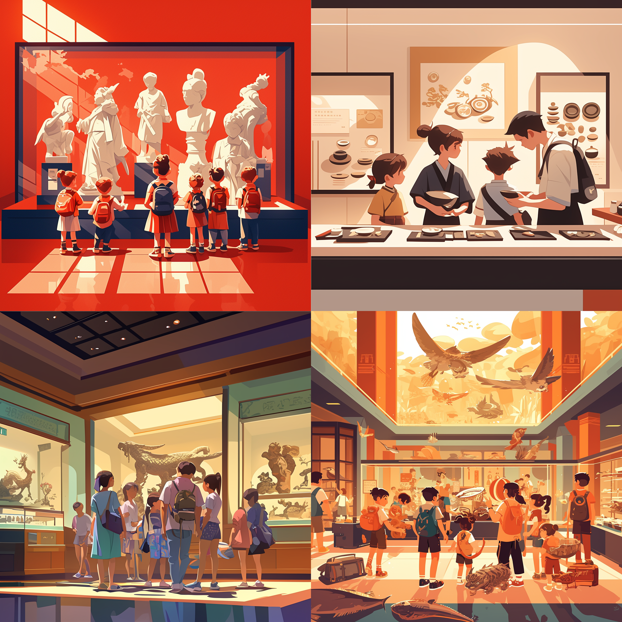 小朋友逛博物馆，矢量插图风格，极简主义，中国传统元素，画面简洁，色彩柔和，小朋友好奇表情，专注眼神，博物馆内部，文物展示，线条流畅，色彩对比鲜明，文化氛围浓厚，矢量图形，柔和光线，室内场景，文化教育，专注观察，色彩平衡。