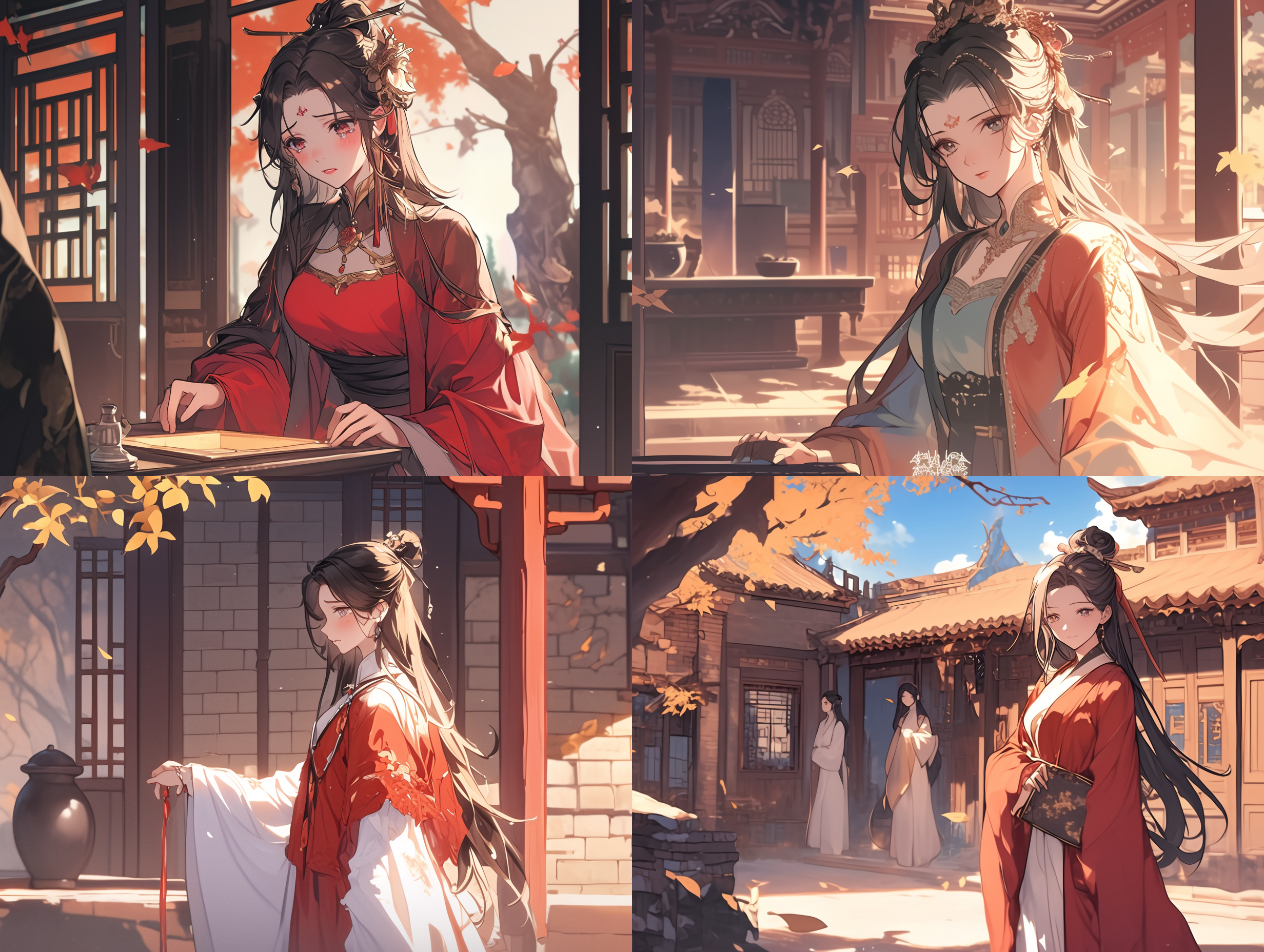 女人侍奉公婆，古风场景，庭院中，低饱和度，长焦镜头，侧光，静态构图，细腻表情，传统服饰，哀怨眼神，青砖瓦房，落叶，孤独感，伤心，落泪。