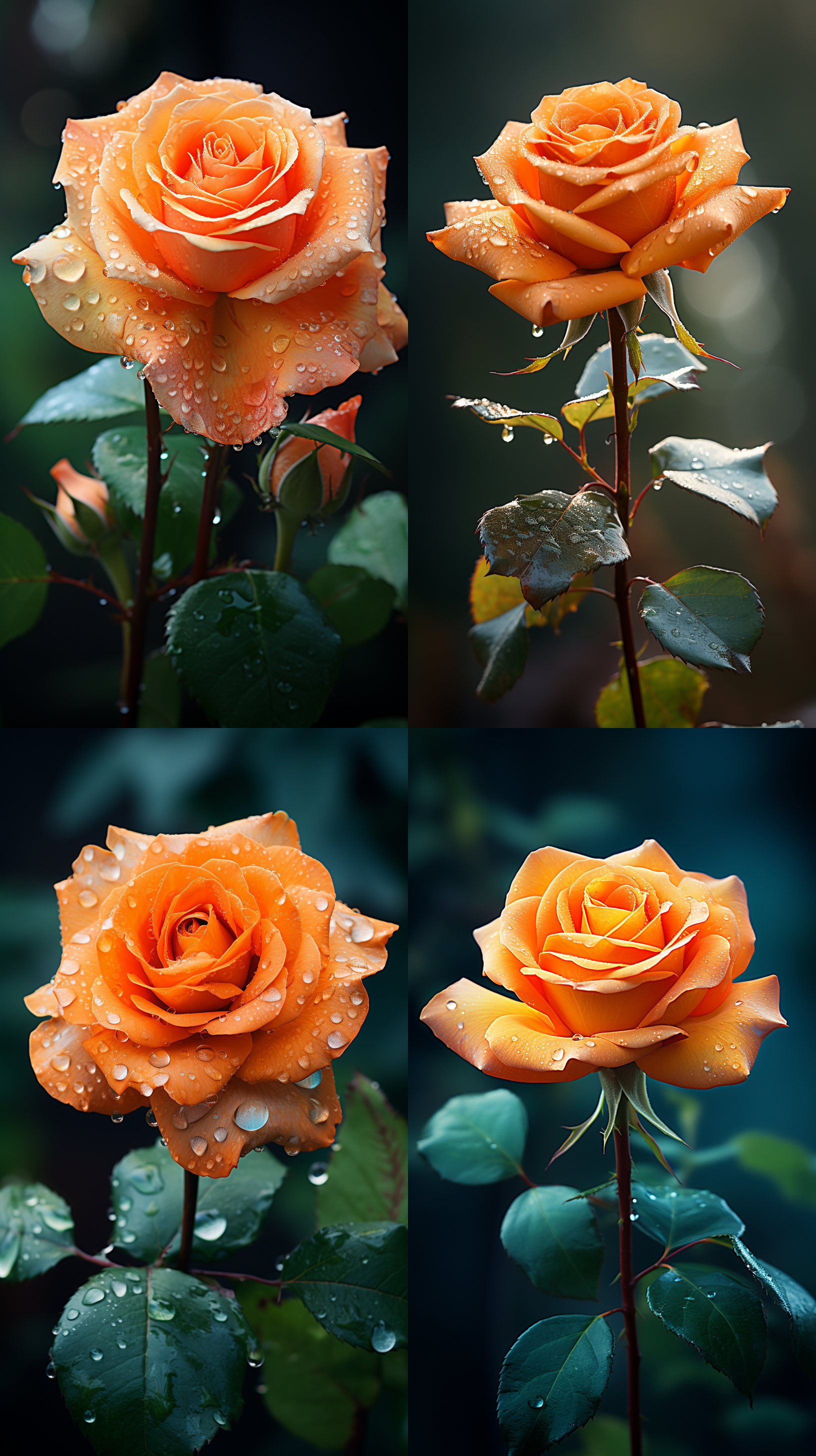 orange rose macro photography, waxy texture, semi- p etals, natural light, soft focus, deep green backgrou nd, high saturation, delicate texture, tranq uil atmosphere.