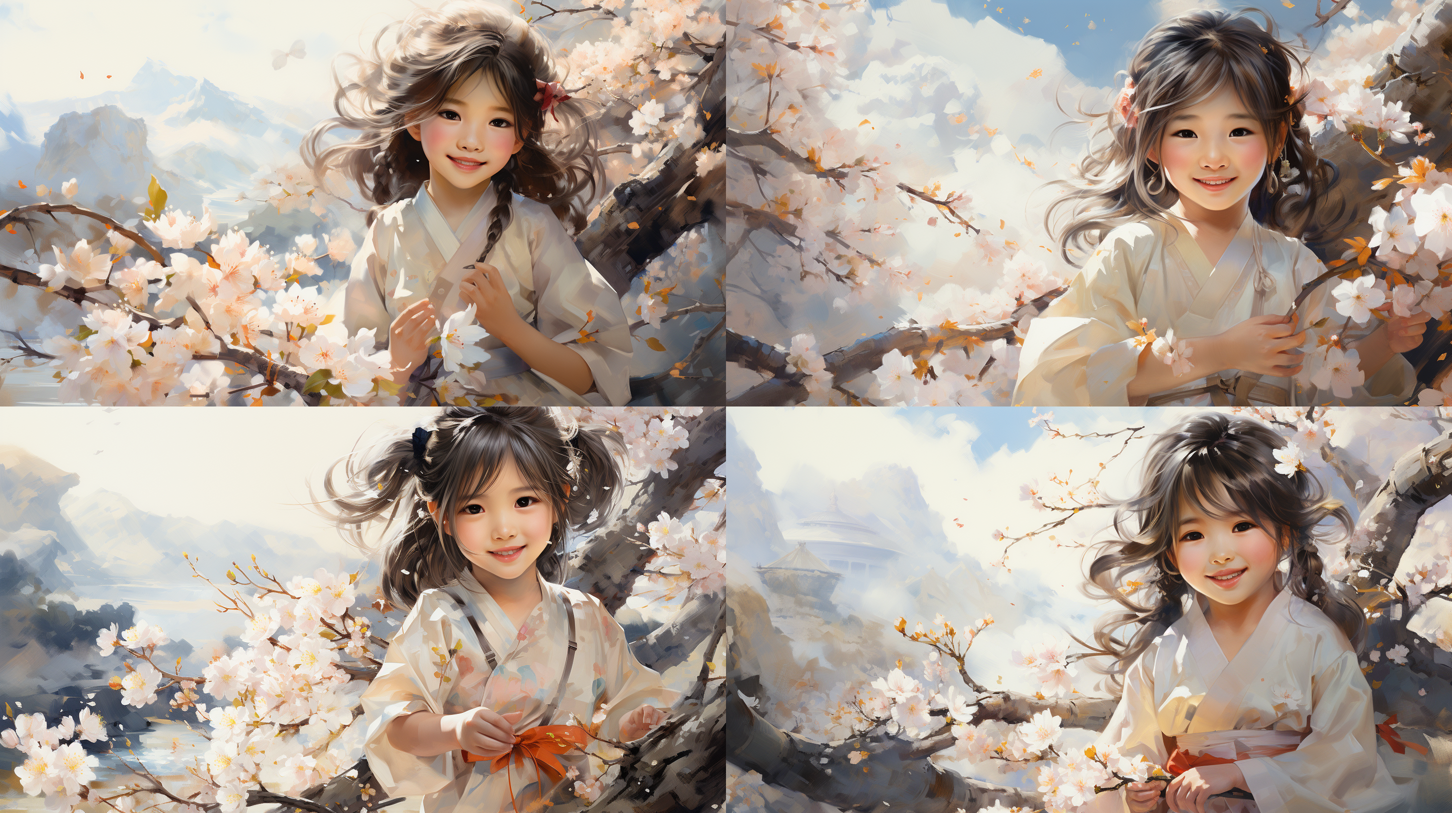 漫山遍野梨花，前景梨花花丛中，白衣大眼睛可爱小女孩，发型飘散，花瓣散落，轻风，正面明朗，中式风，花朵前后虚实，粉色调，亮丽，逆光，大场景，颜色透明，高长调，细腻丰富，高画质，自然光，浅景深，柔焦，清新，梦幻。