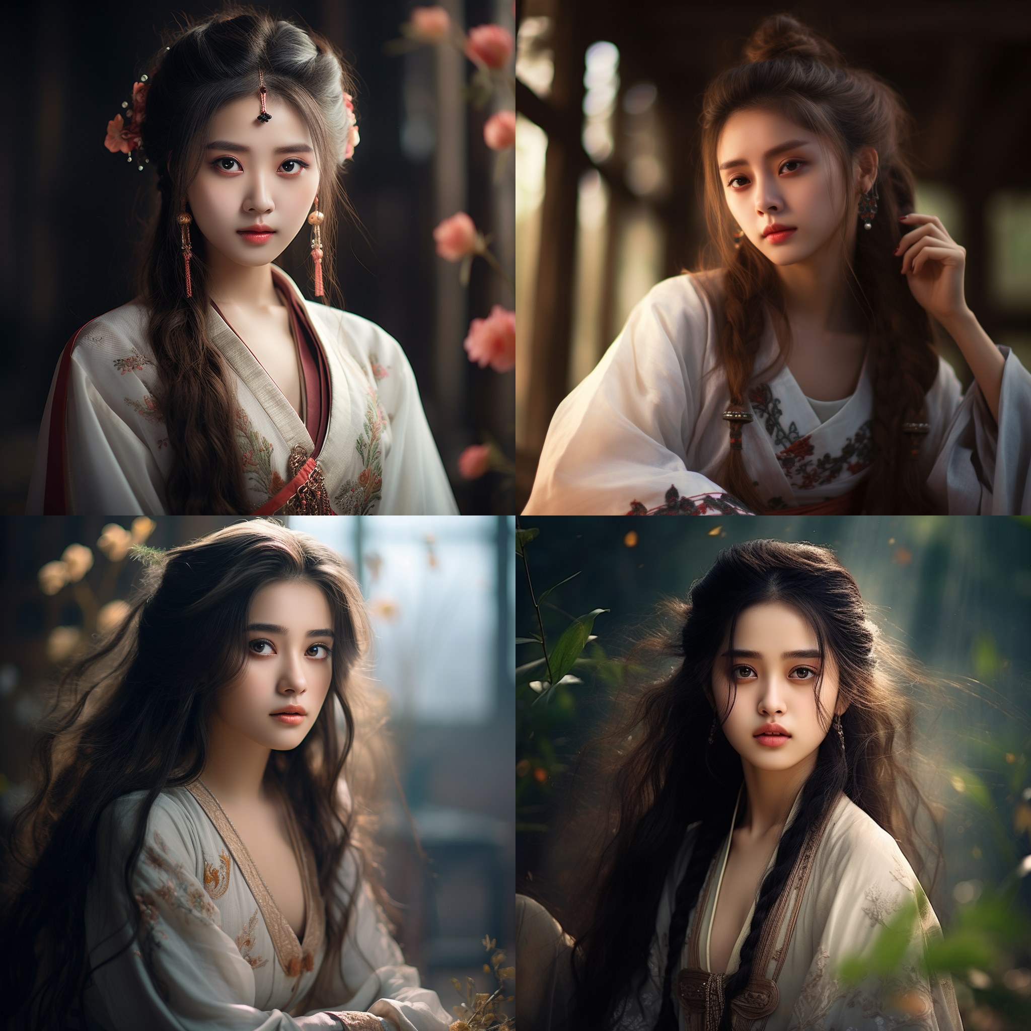 女孩汉服，大眼睛长发，精致面容，高耸胸部，长裙，中国古风，正面观众，2k高清，柔光，自然色彩，细节丰富，静态美。