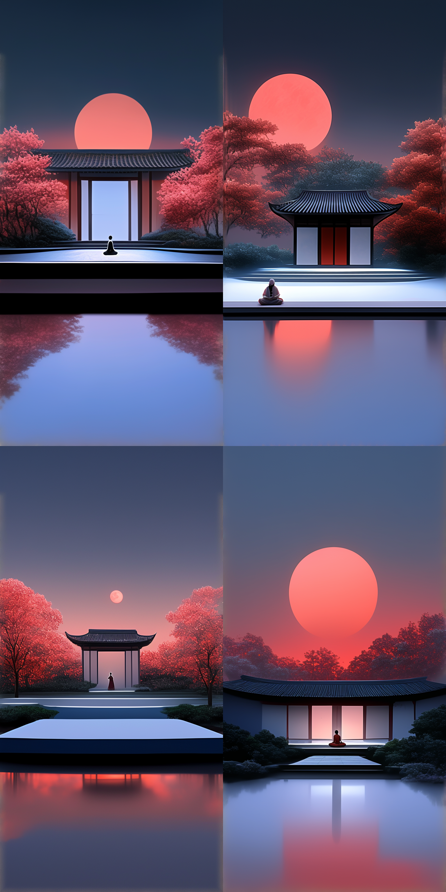 禅寺背景，jan tengnagel风格，音乐视频剧照，红月高挂，2d动画渲染，获奖级细节，公园花园夜景，灯光柔和细腻，梦工厂动画风格，神秘氛围，静谧表情，传统服饰。