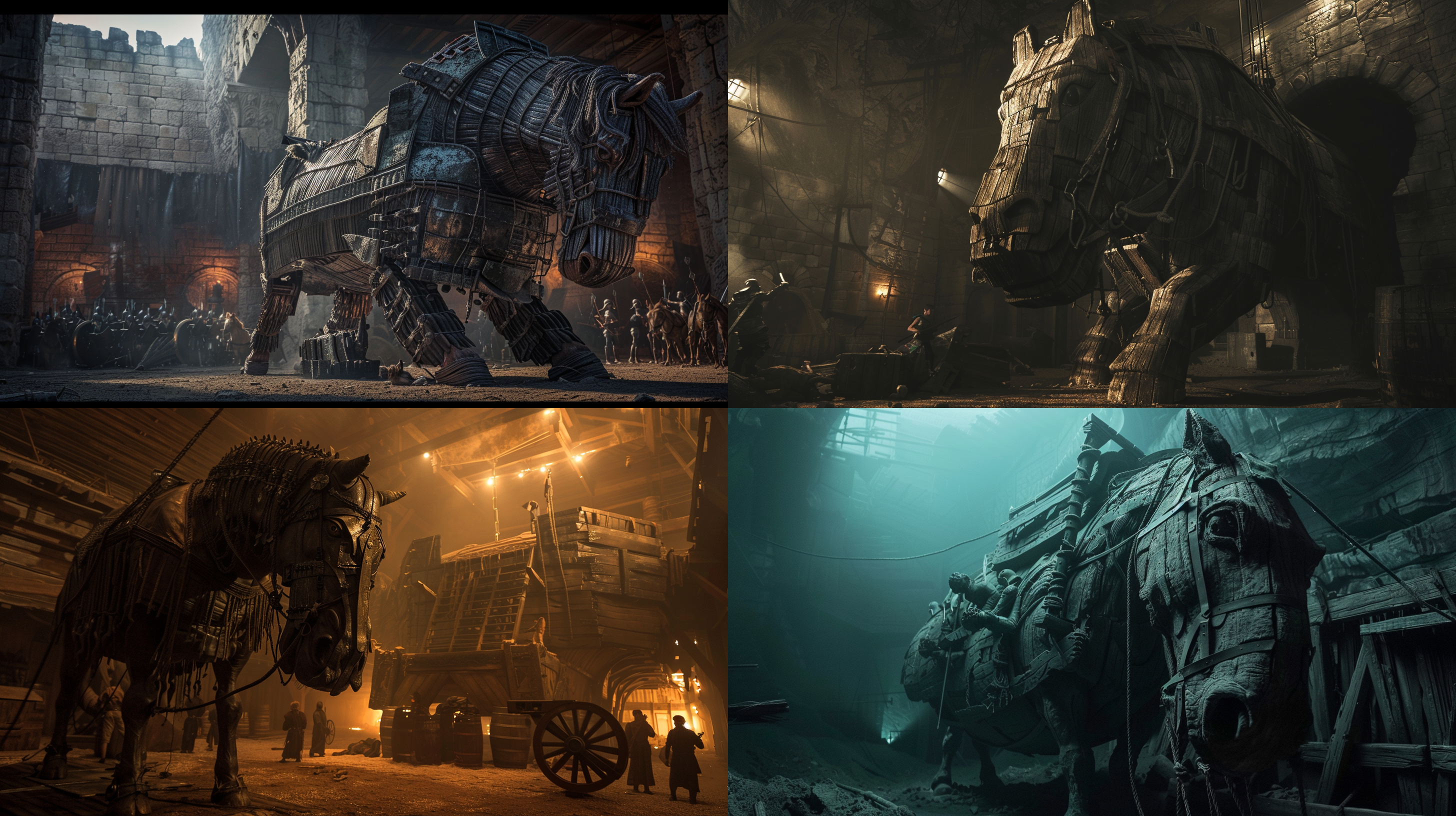 特洛伊木马，巨大木马内部，昏暗光线，神秘氛围，特写镜头，低角度，冷色调，细节丰富，士兵隐藏，紧张情绪，战争场景。