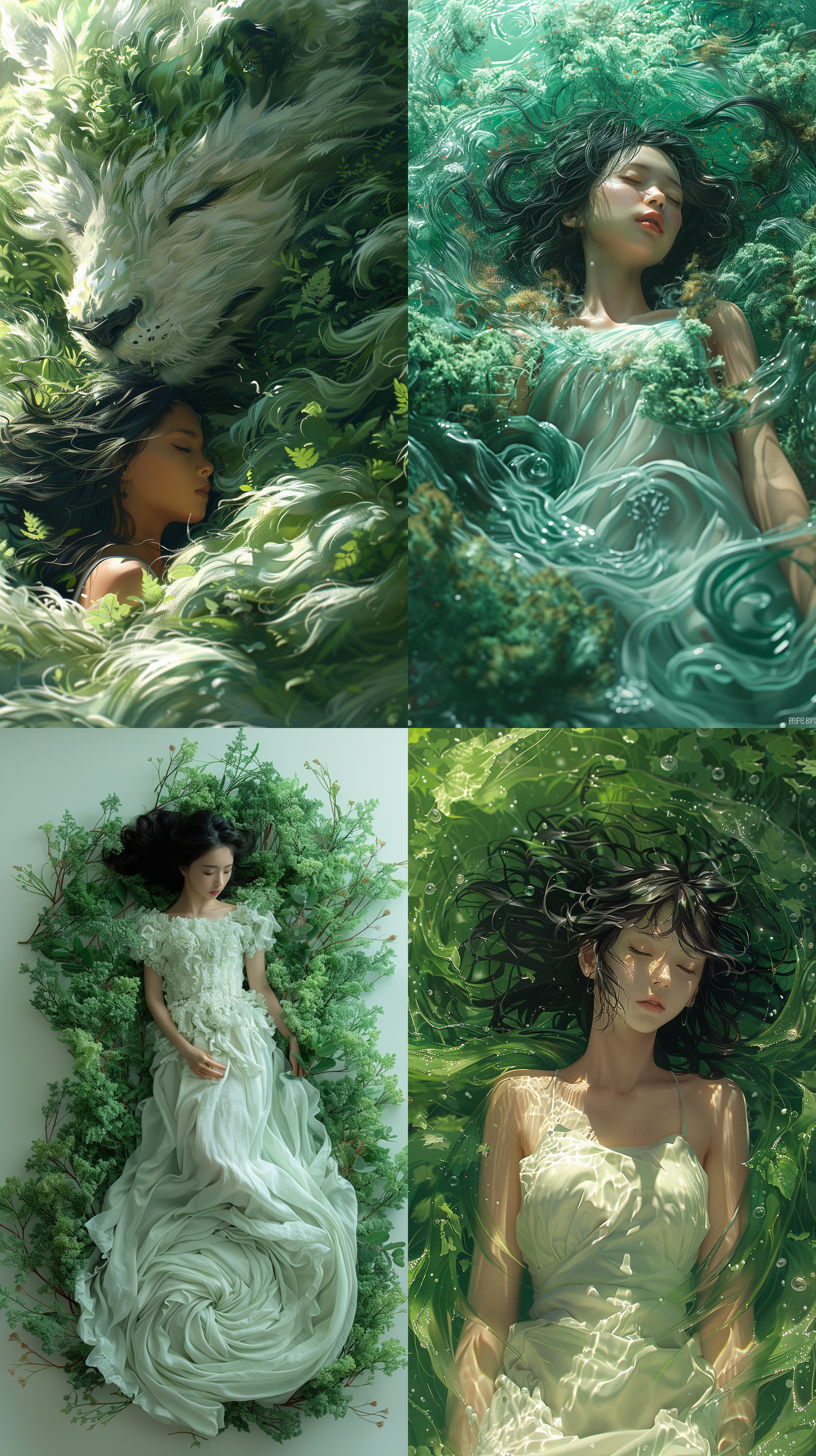 在一个纯净无瑕的白色世界里，有一个俏皮可爱的女孩，她正躺在一片巨大的绿色皮毛上，仿佛陷入了某个神秘的梦境。在这片梦幻的土地上，每一个角落都充满了无尽的想象与奇遇。眼前的绿色皮毛，仿佛是大自然的馈赠，它柔软而富有弹性，像是包裹着女孩进入了一个充满生机的奇幻世界。女孩的眼睛里闪烁着好奇与兴奋的光芒，她似乎正在与这片皮毛交流，感受着它传递的每一丝温度与情感。而在这片皮毛的边缘，一个巨大的漩涡正在缓缓旋转。它像是一个神秘的门户，通往未知的远方。漩涡艺术在这里得到了完美的诠释，大胆的线条勾勒出它的轮廓，简单的形状却充满了无尽的层次感和力量感。彩色的铅笔画为它注入了生命力，让它在这片白色背景上显得更加耀眼夺目。女孩似乎被这个漩涡所吸引，她的目光紧紧盯着它，仿佛想要一探究竟。在她的想象中，这个漩涡可能是一个通往童话世界的秘密通道，等待着勇敢者去探索。这个场景，就像是一幅童话般的插图，简单而又充满童真。它让人感受到了那种纯真无邪的美好，仿佛又回到了无忧无虑的童年时光。在这片充满奇幻与色彩的梦境中，女孩开始了她的冒险之旅。她会遇到什么样的奇遇？又会发现什么样的秘密呢？让我们一起跟随她的脚步，探索这个充满惊喜的世界吧！