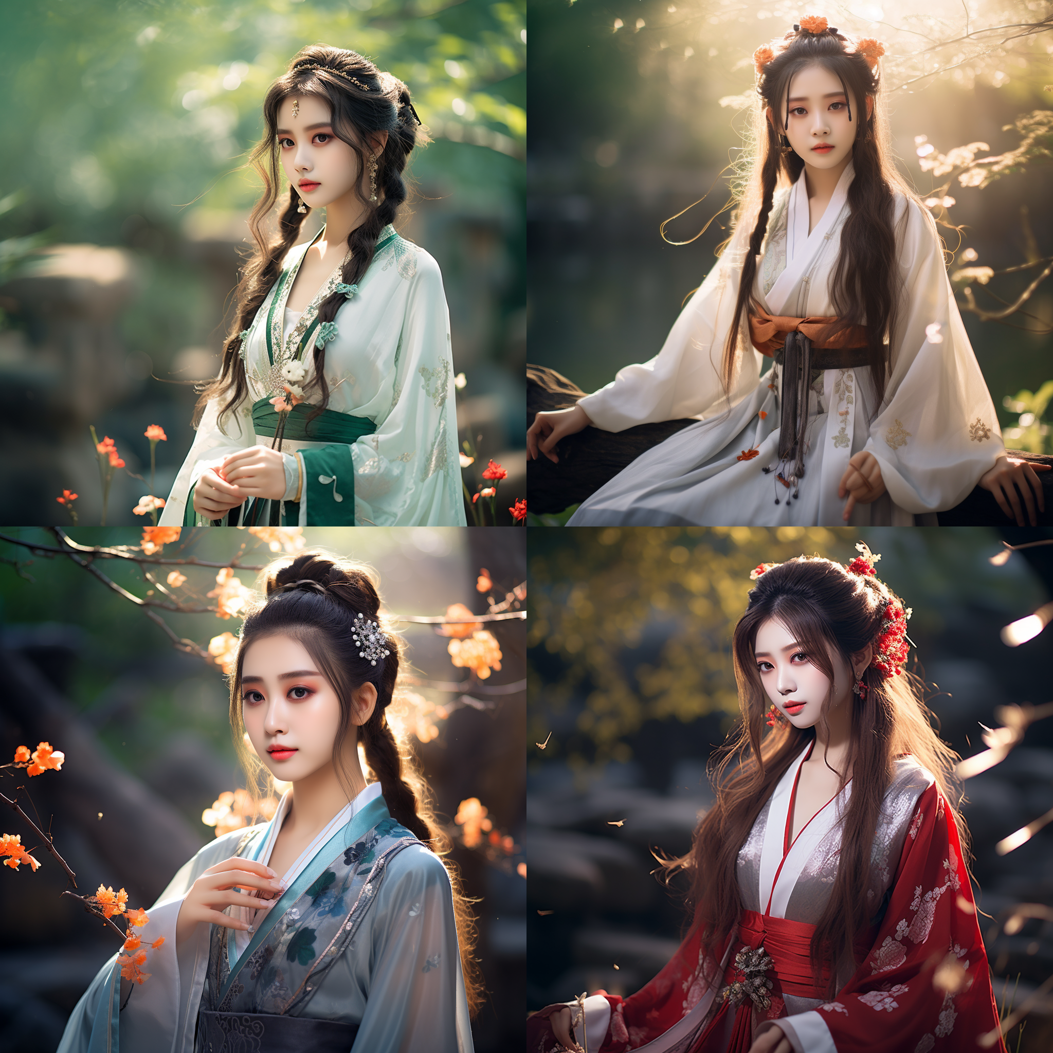 女孩汉服全身图，大眼睛长发，精致面容，摸胸长裙，中国古风，正面含情脉脉，2k高清，全身照，柔和光线，自然环境，长焦镜头，细节丰富，色彩鲜艳，古典美。