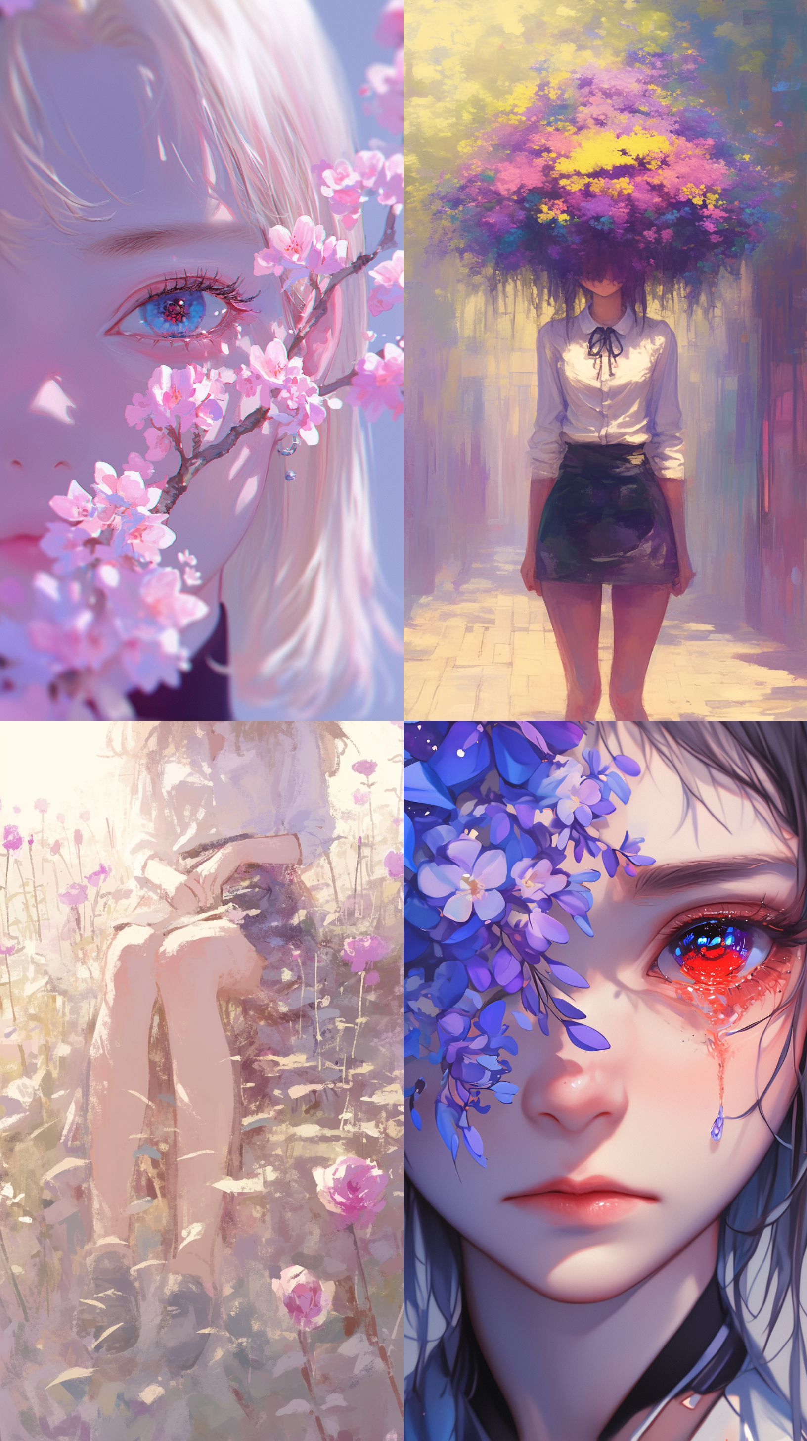 女生脸部被花朵遮盖，短上衣，短裙，未来主义风格，梦幻氛围，柔和光线，浅景深，特写镜头，粉色系，神秘感，轻盈动作。