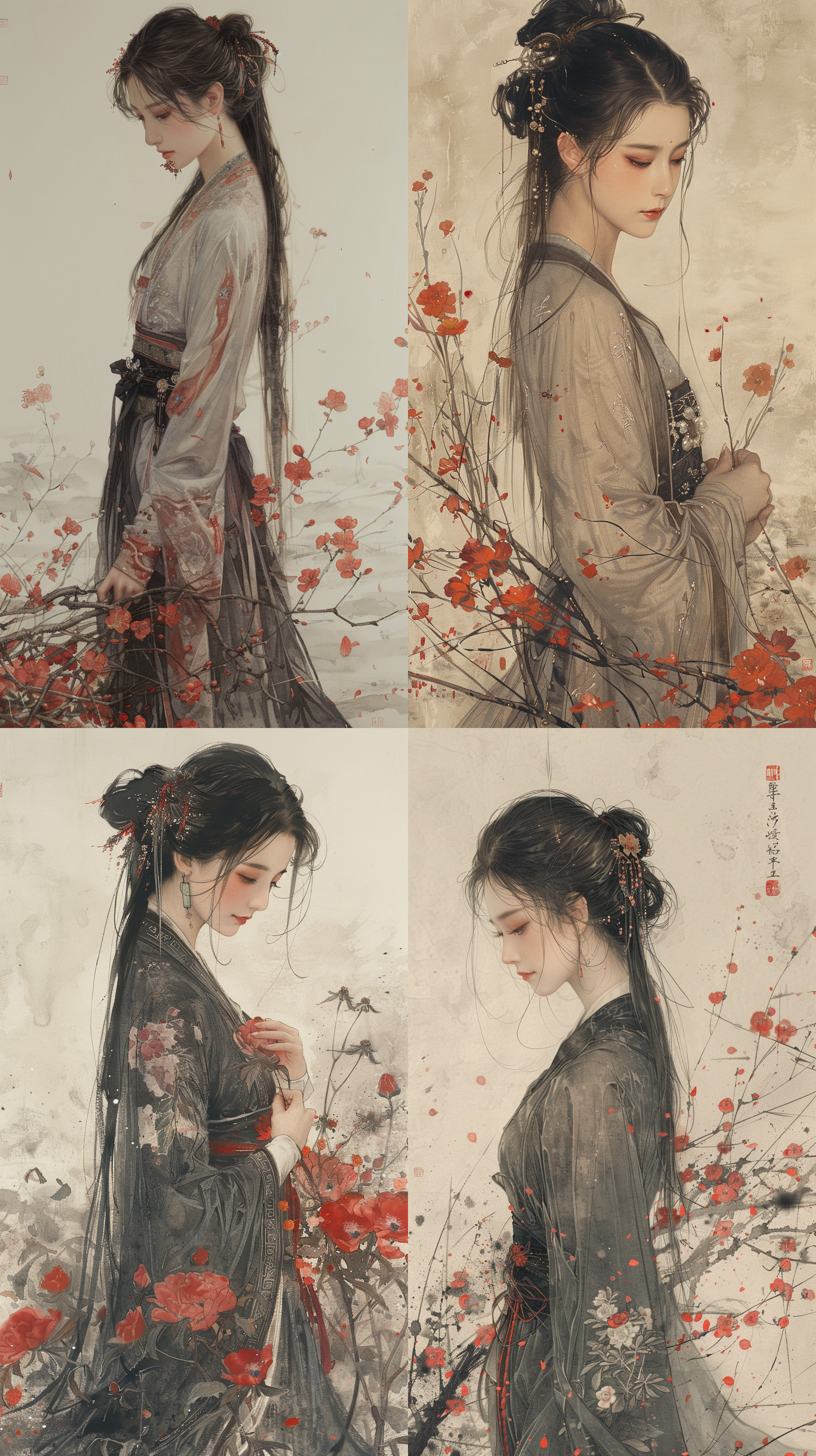 黛玉葬花，中国画风格，线条勾勒，娟本淡彩，高画质，优雅姿态，柔和表情，背景留白，细节丰富，静谧氛围，传统服饰，细致描绘，古典美。