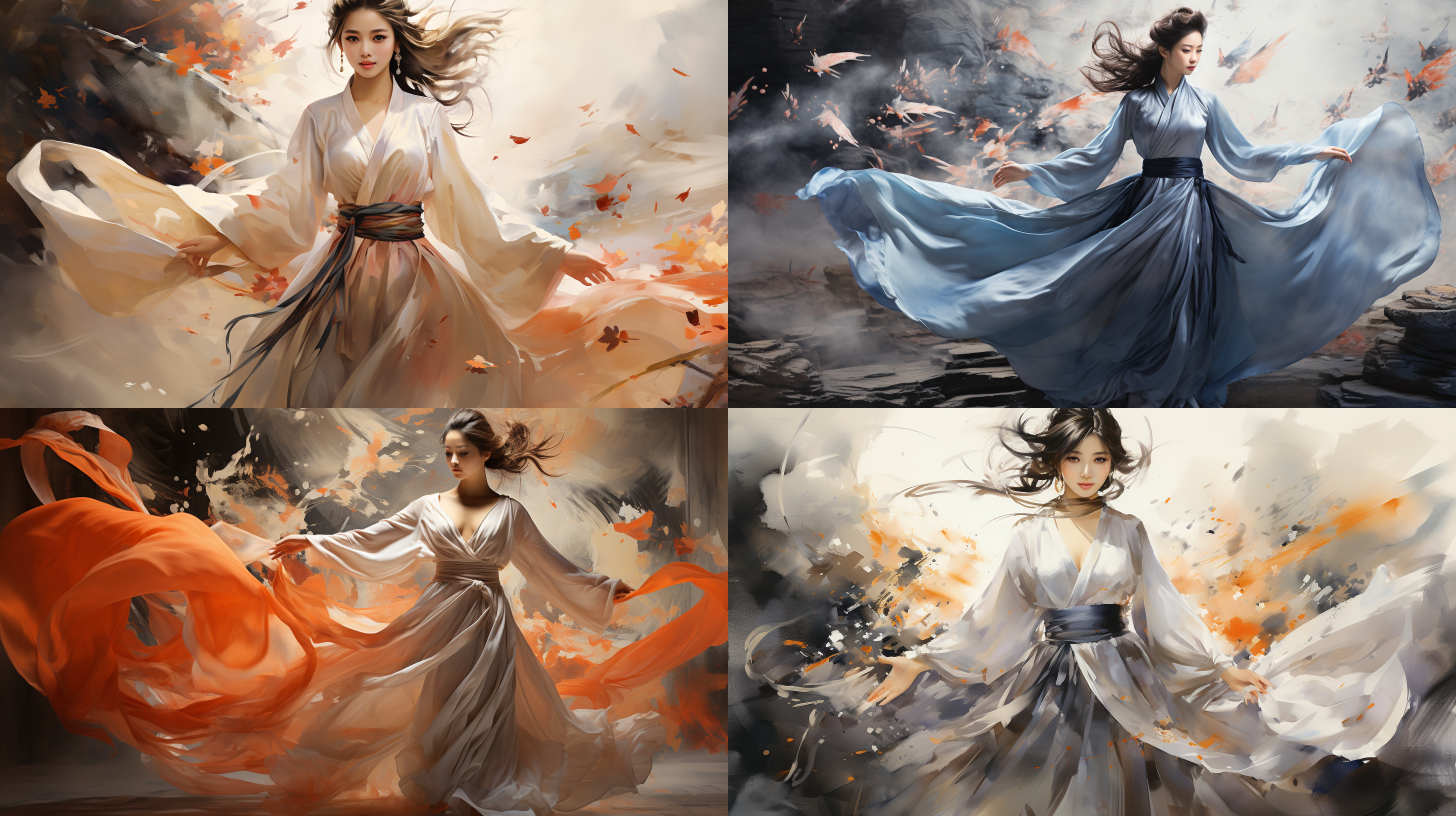 汉服长发青衣女起舞，衣裙飘逸，大动作，中国风水墨画风格，细腻高画质，长焦镜头，柔和侧光，低饱和度，静谧，优雅。