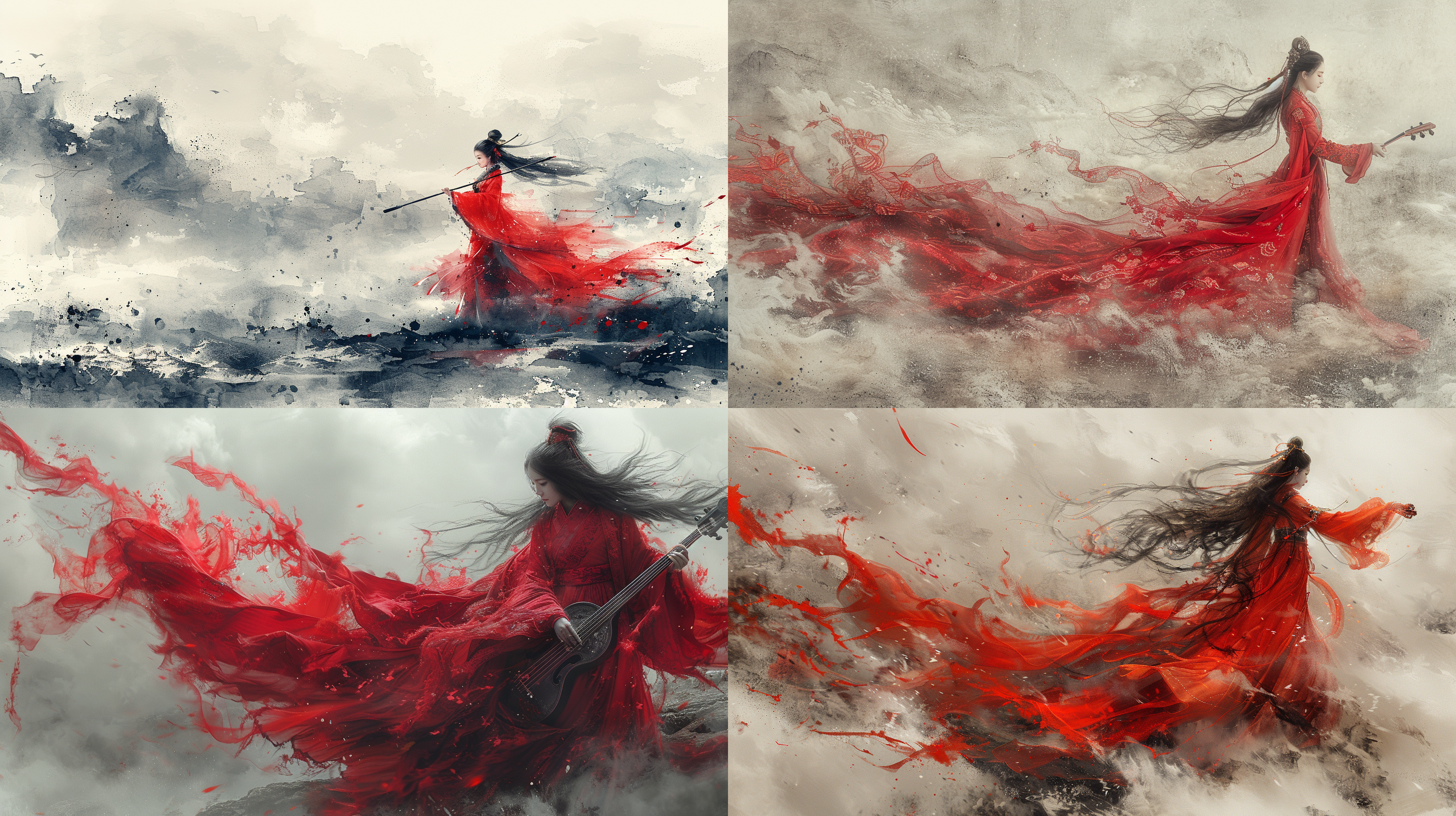 汉服长发红衣女，衣裙飘逸，怀抱琵琶，抬腿起舞，中国风水墨画风格，细腻高画质，柔和光线，长焦镜头，静谧氛围，淡雅色彩，优雅动作。