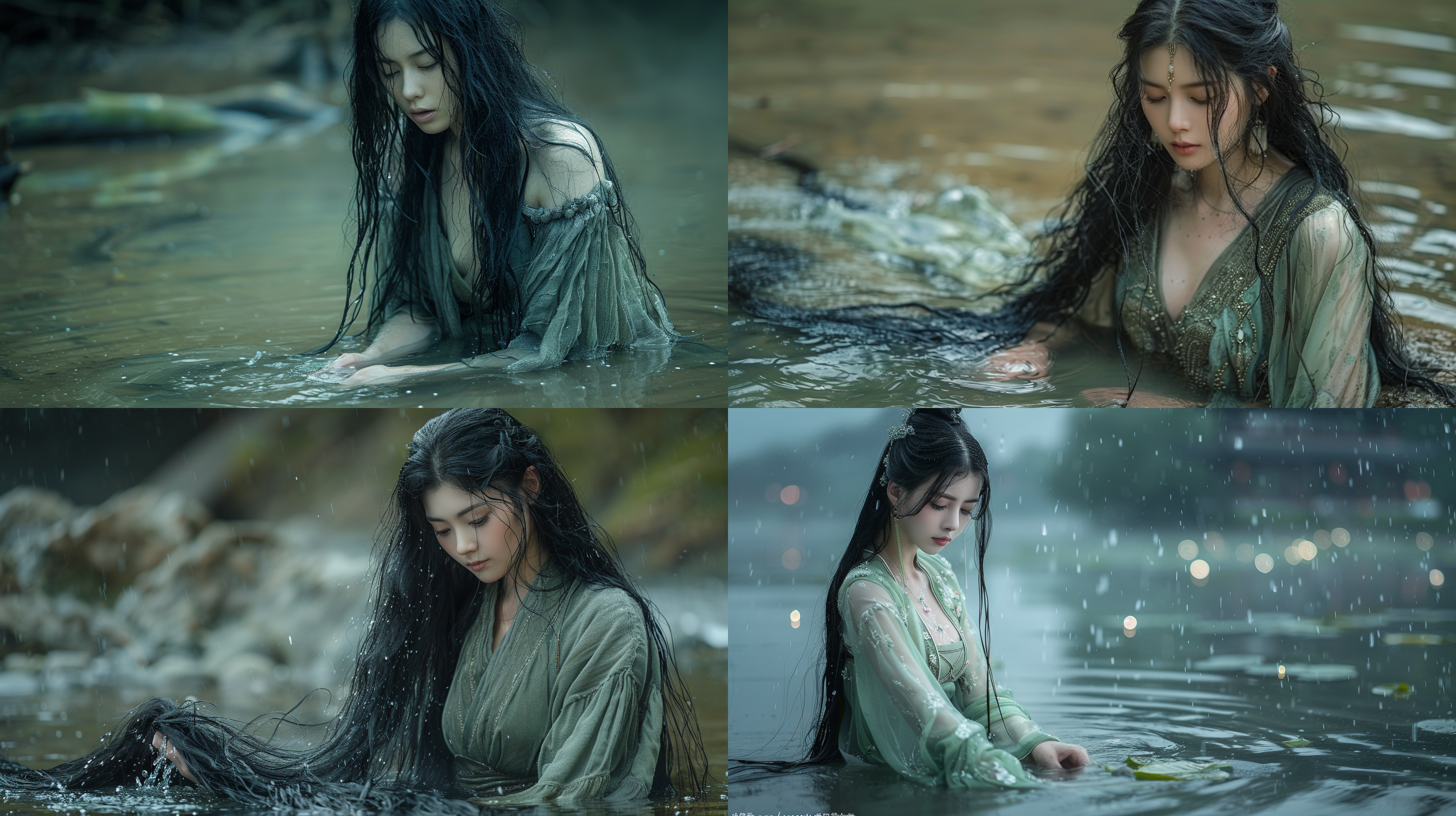 长发青衣女在河边洗发，垂青丝，水中倒影清晰，中国风，逆光拍摄，高长调，细腻质感，高画质，柔光，长焦镜头，静谧，自然光，淡雅色彩。