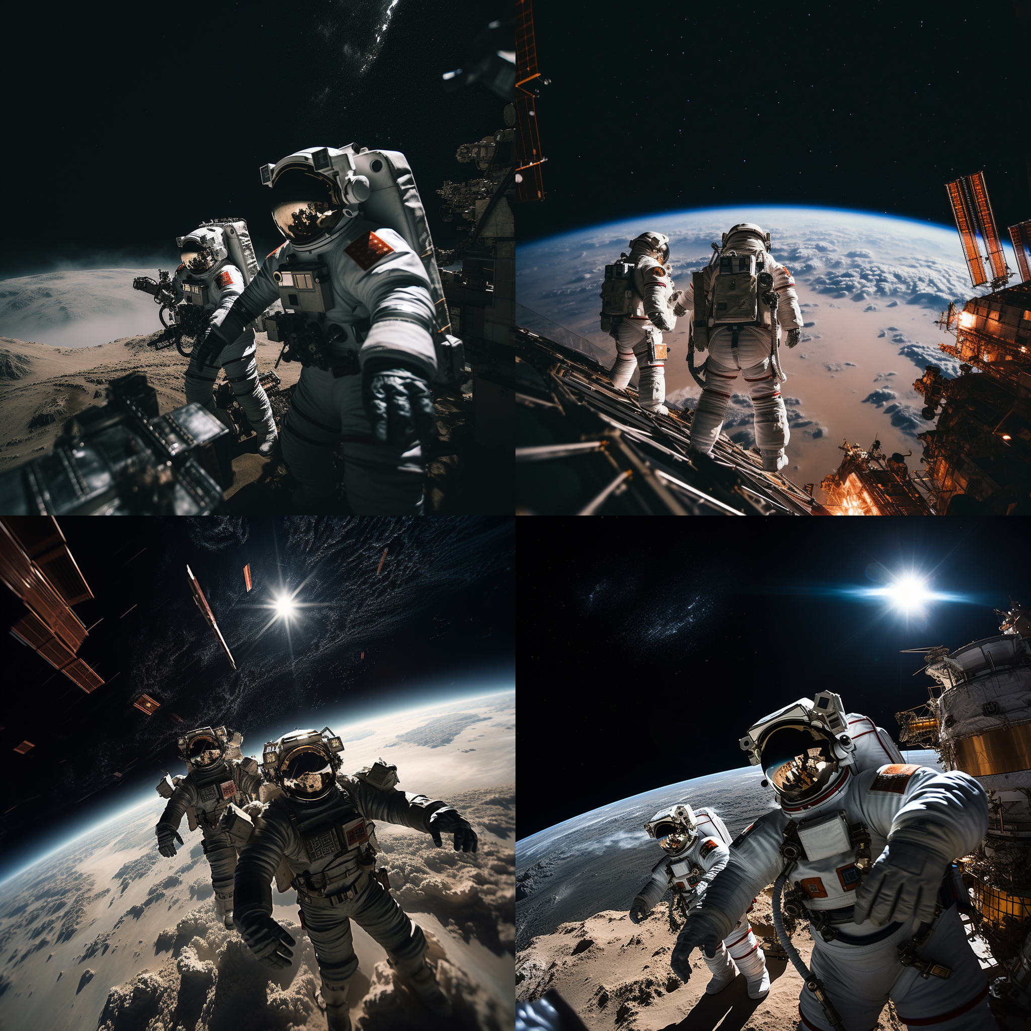 空间站漂浮，浩瀚宇宙背景，地球边缘清晰可见，中国宇航员太空漫步，全身宇航服，头盔反射星光，仰视角度，超高清分辨率，深空黑，微光环境，长曝光，科技感，宁静。