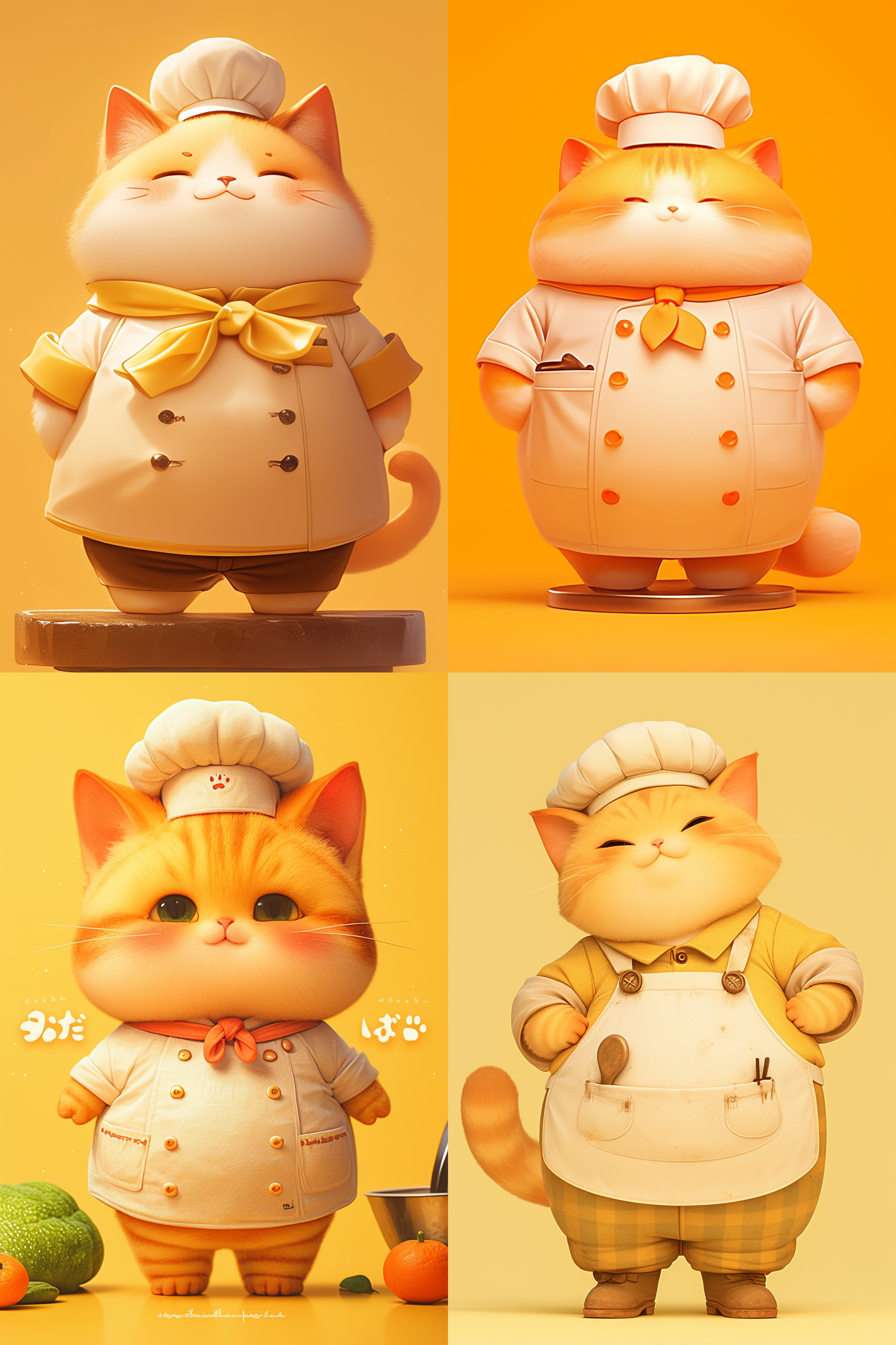 可爱胖橘猫厨师, 自然站立,圆润身形，憨态可掬，工作服整洁，明亮和谐, 可爱多彩, 光线追踪, 泡泡商城风格, 设计简洁, ip盲盒形象, 人物设计细节, 有趣的人物设计, 行为, 海派, c4d，oc渲染，最高质量，8k