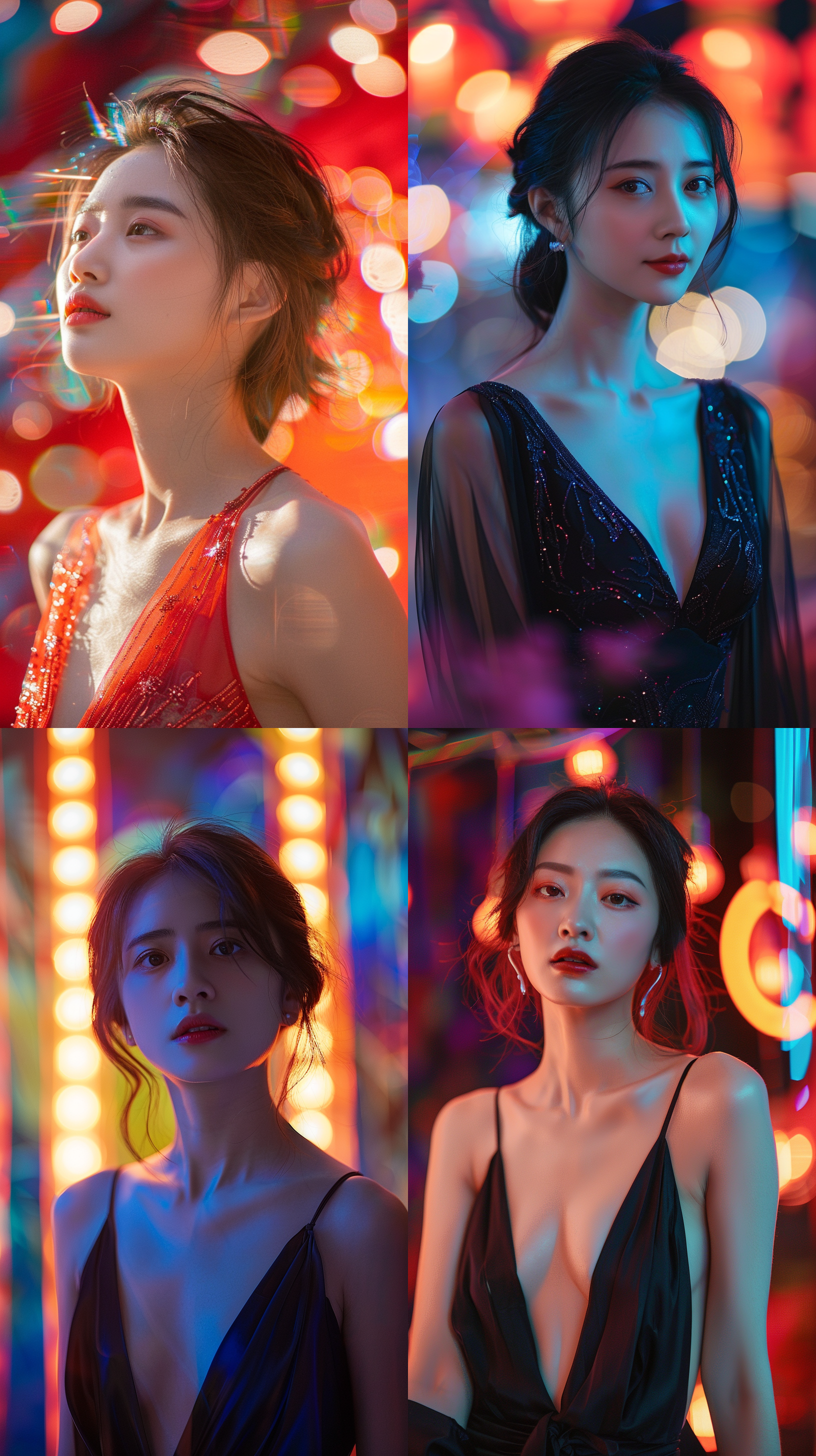 美丽中国女性，45度全身照，傲人身材，深v礼服，舞台灯光与自然光线交织，色彩缤纷背景，精致眼睛，白皙皮肤，露肩设计，优雅气质，精致妆容，自然喜悦表情，构图平衡，长焦镜头，超现实风格，8k分辨率，画面亮点突出