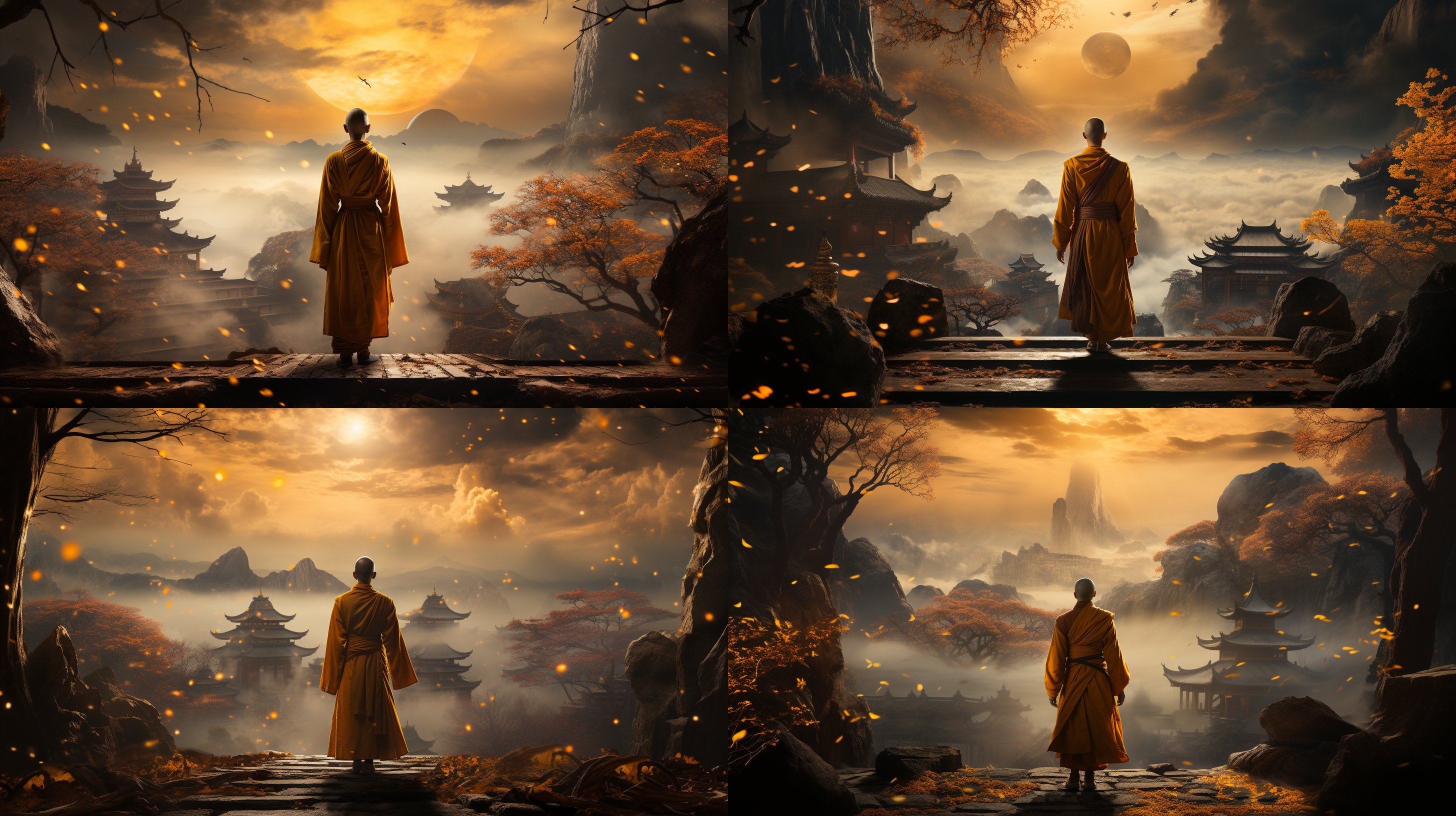 云海中寺庙隐现，佛光普照，远山朦胧，前景黄色僧袍和尚静立，中长焦镜头，逆光拍摄，中长调对比，细腻质感，高画质，宁静，神秘，金色光辉。