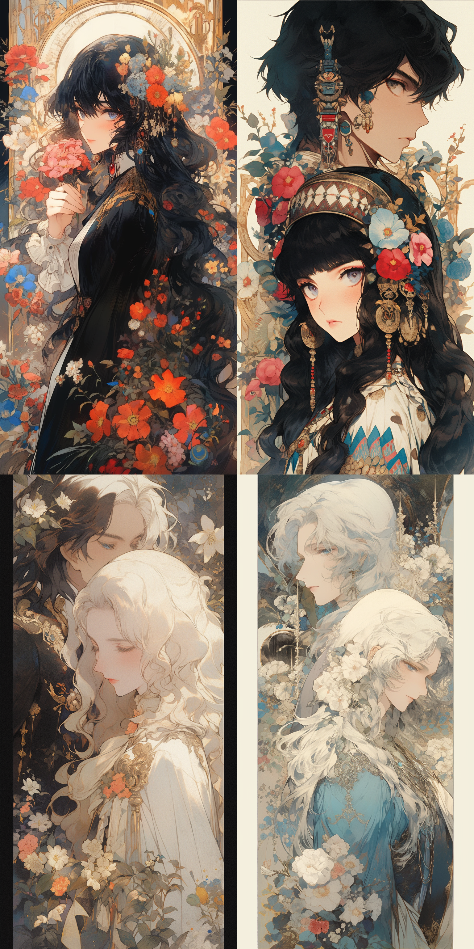 男生黑色头发，女生金色头发，大眼睛，弗兰克·索恩风格，动漫美学，丰富肖像画，浪漫画人物，最高品质，看着镜头，拿着鲜花，细致刻画，最高画质，正面打光，柔和光线，鲜艳色彩，深情对视。